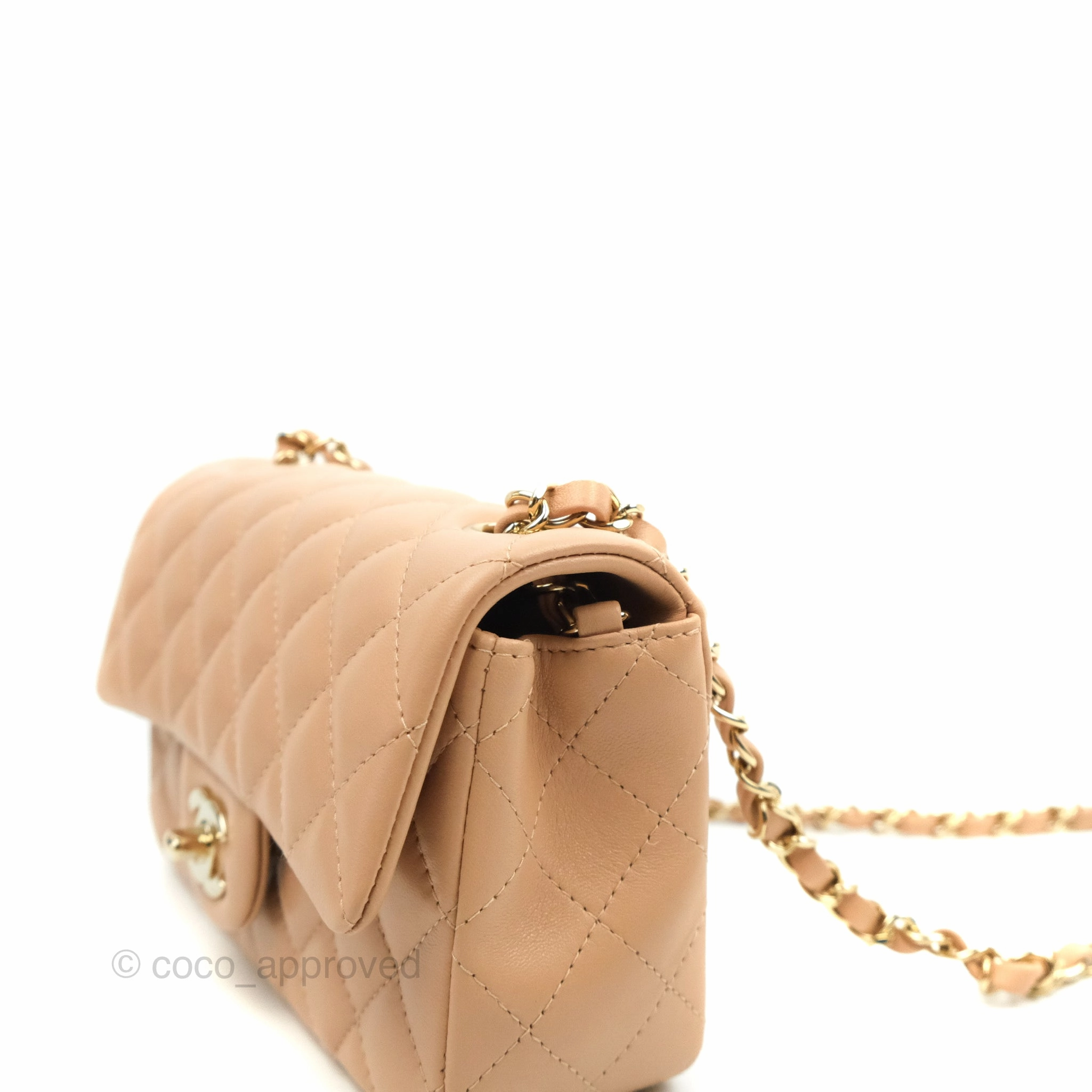 Chanel Mini Rectangular Flap Quilted Beige Pink Lambskin Gold Hardware