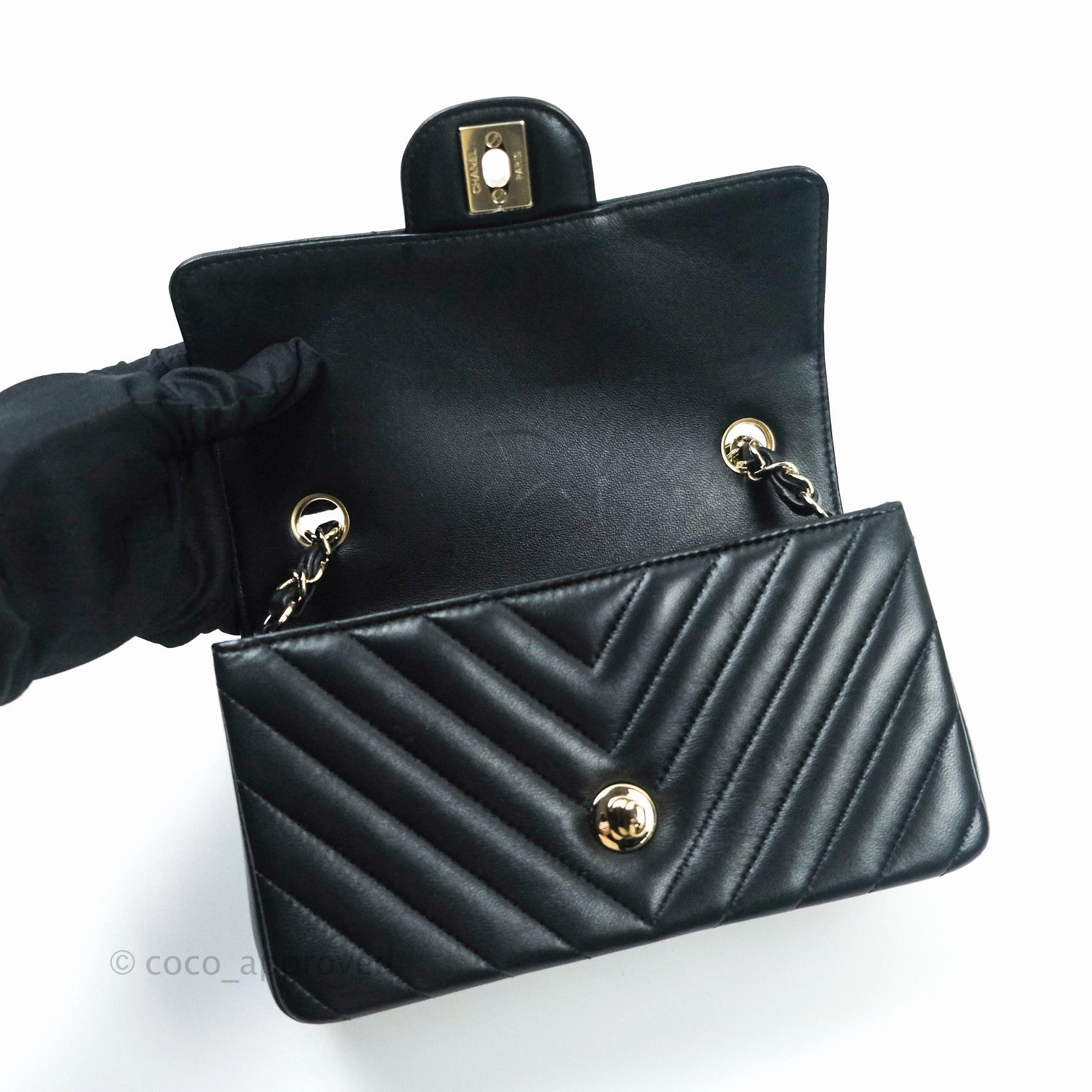 Chanel Mini Rectangular Lambskin Chevron Black Gold Hardware