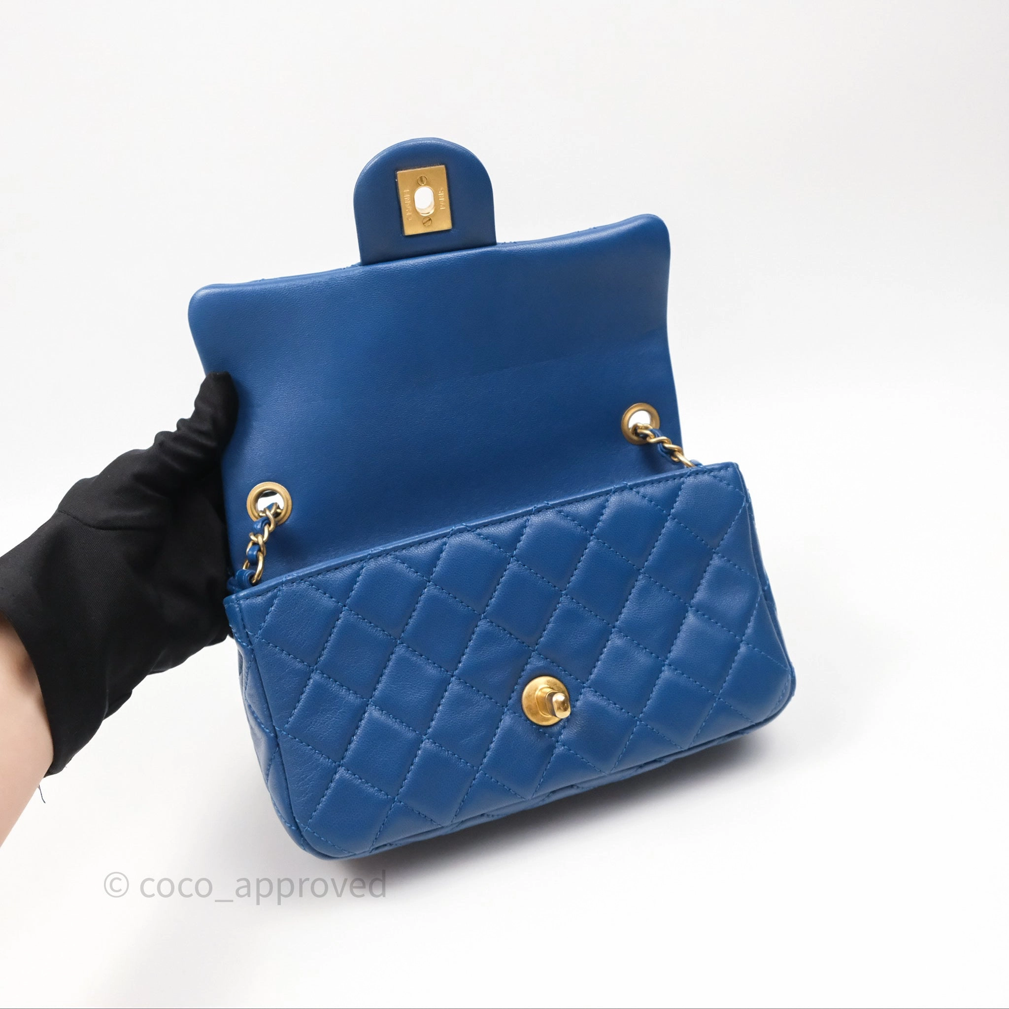Chanel Mini Rectangular Pearl Crush Blue Lambskin Aged Gold Hardware