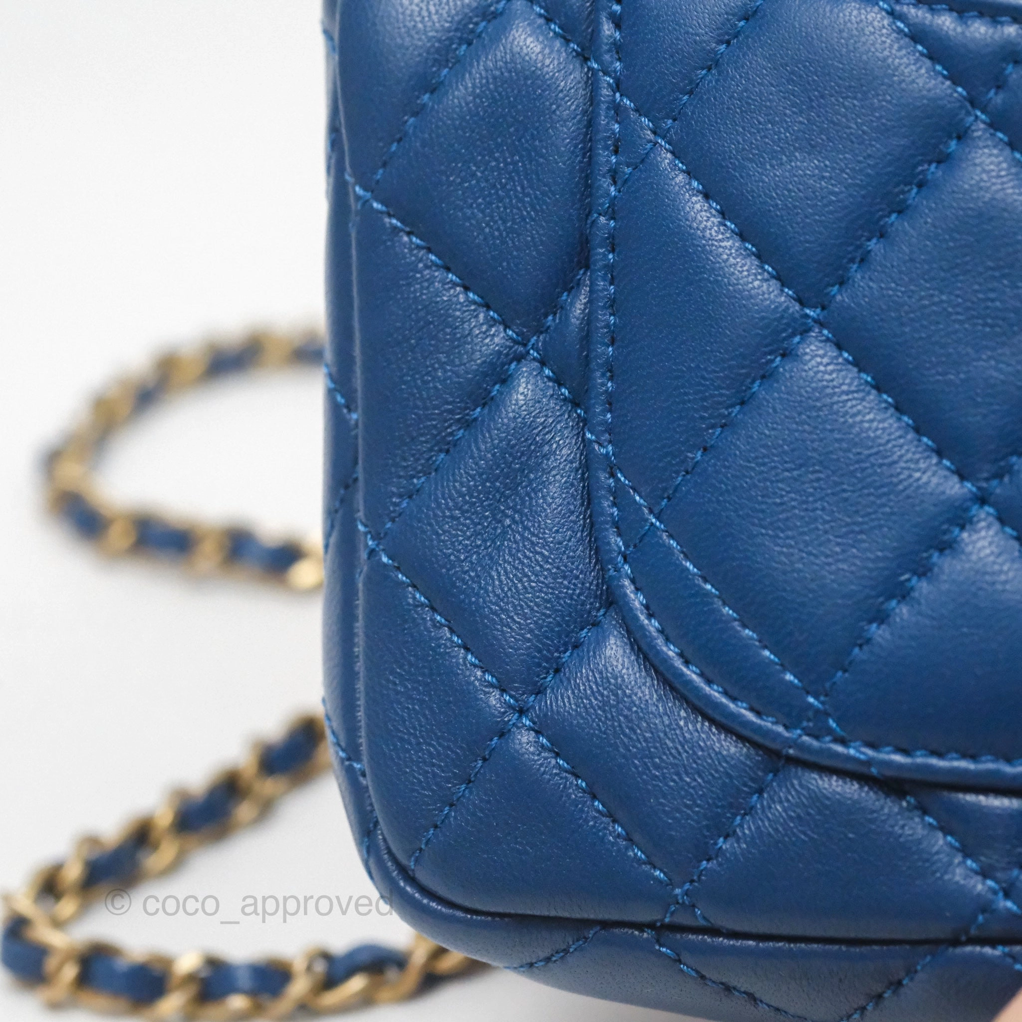 Chanel Mini Rectangular Pearl Crush Blue Lambskin Aged Gold Hardware