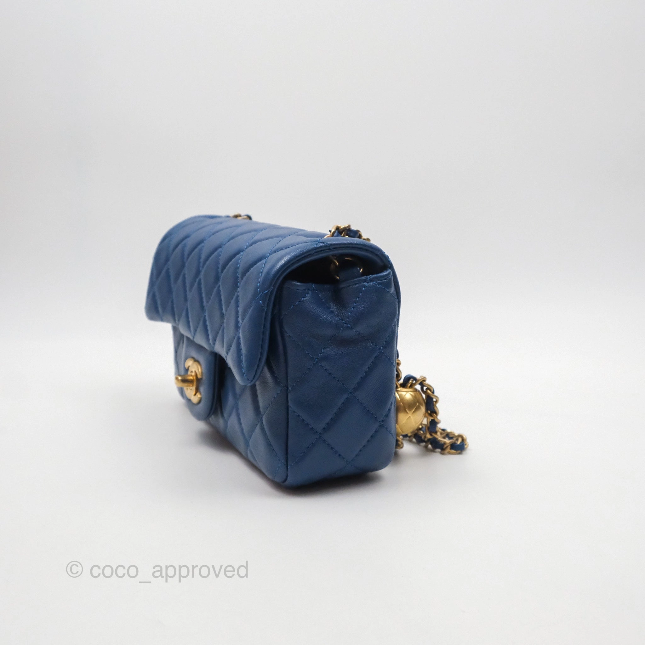 Chanel Mini Rectangular Pearl Crush Blue Lambskin Aged Gold Hardware