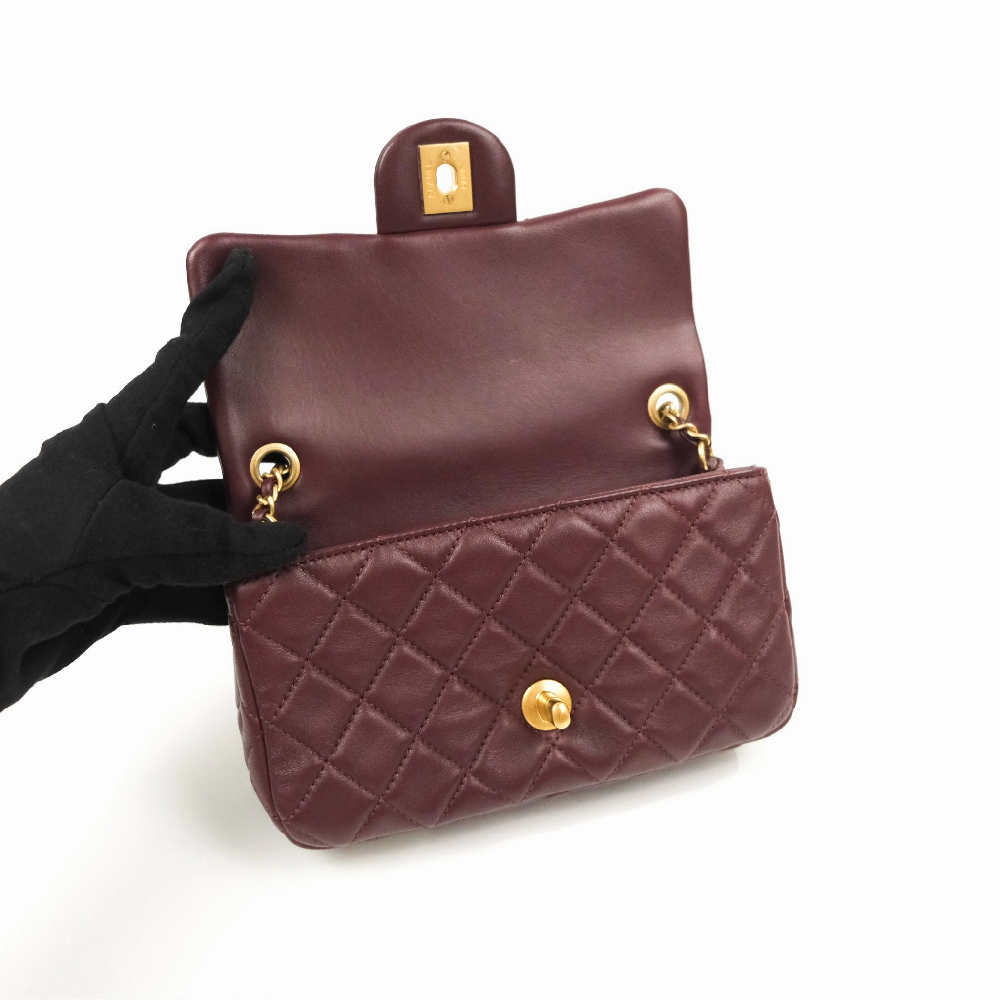Chanel Mini Rectangular Pearl Crush Burgundy Lambskin Aged Gold Hardware