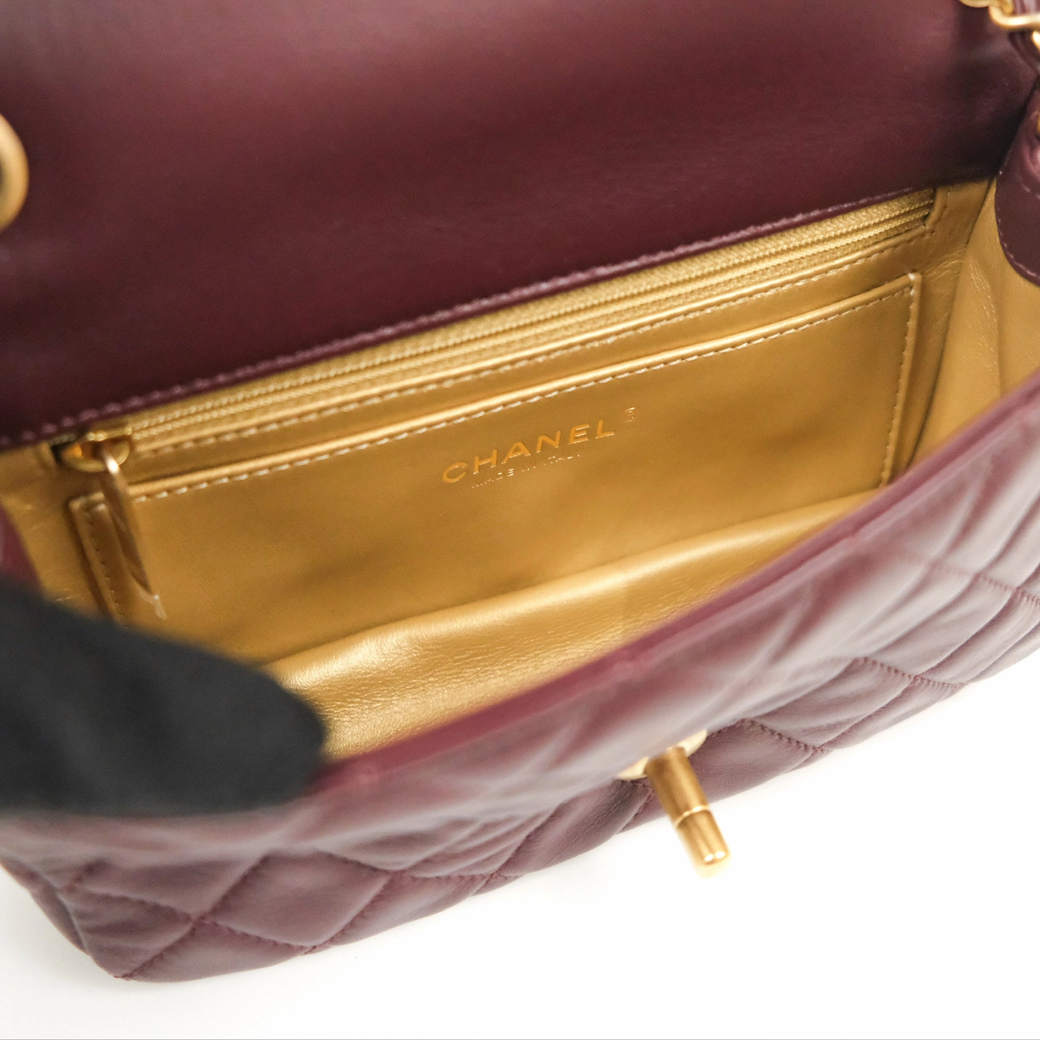 Chanel Mini Rectangular Pearl Crush Burgundy Lambskin Aged Gold Hardware