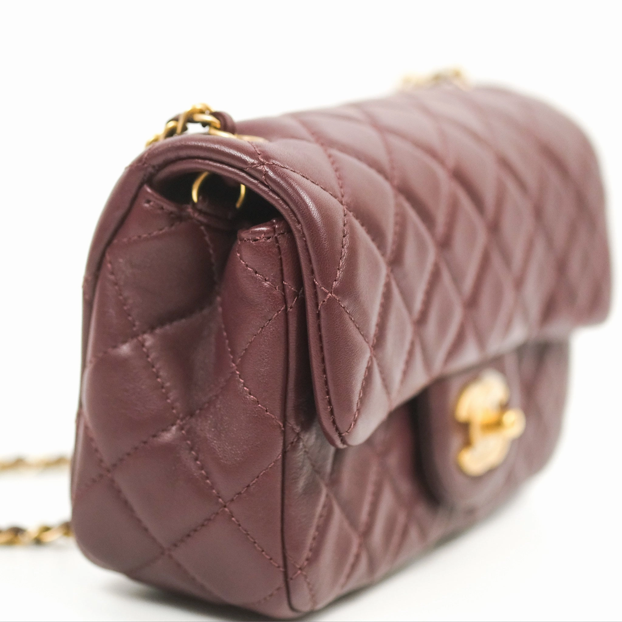 Chanel Mini Rectangular Pearl Crush Burgundy Lambskin Aged Gold Hardware