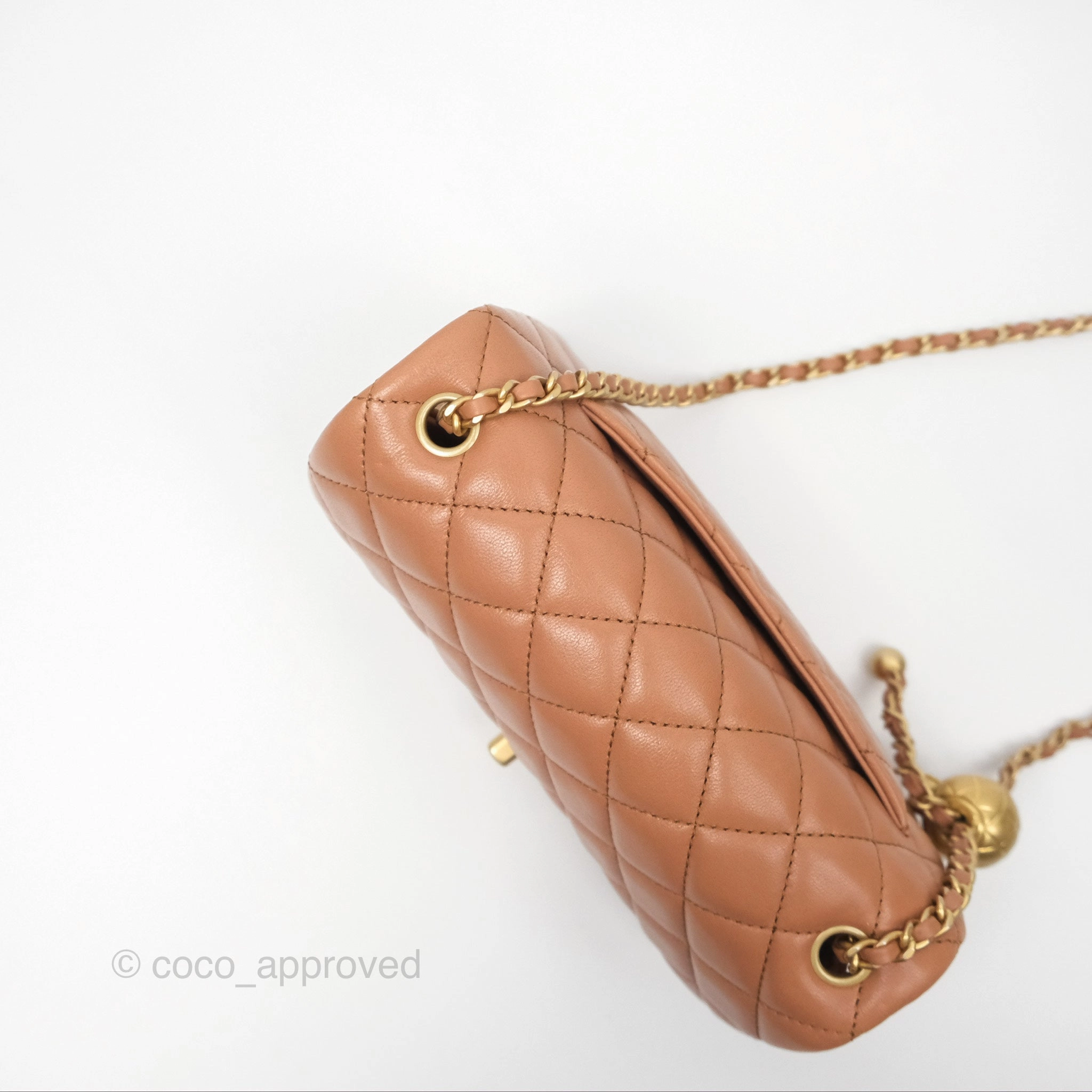Chanel Mini Rectangular Pearl Crush Caramel Dark Beige Lambskin Aged Gold Hardware