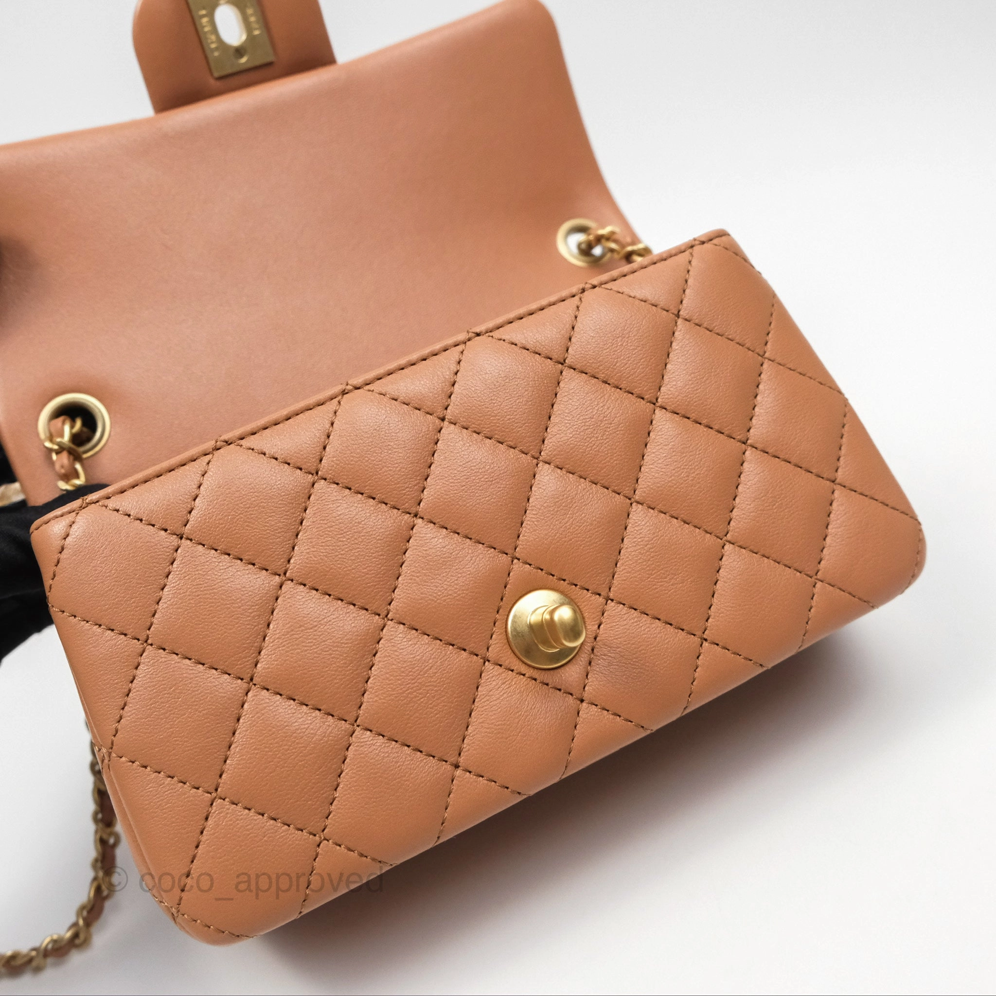 Chanel Mini Rectangular Pearl Crush Caramel Dark Beige Lambskin Aged Gold Hardware
