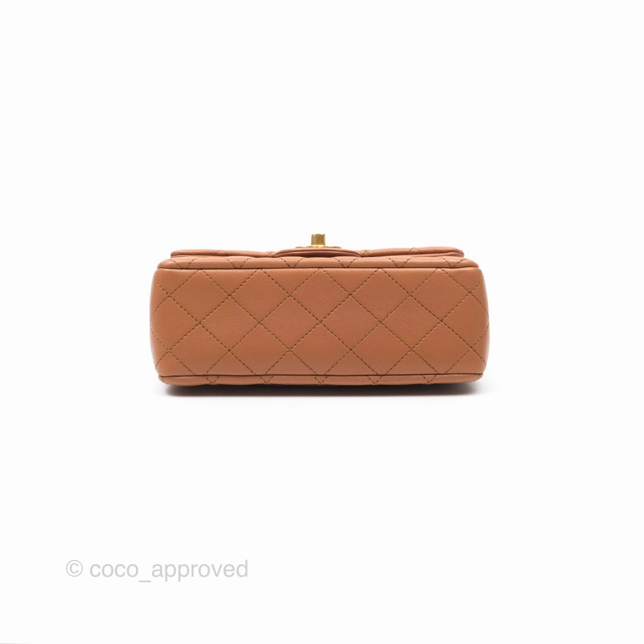Chanel Mini Rectangular Pearl Crush Caramel Dark Beige Lambskin Aged Gold Hardware