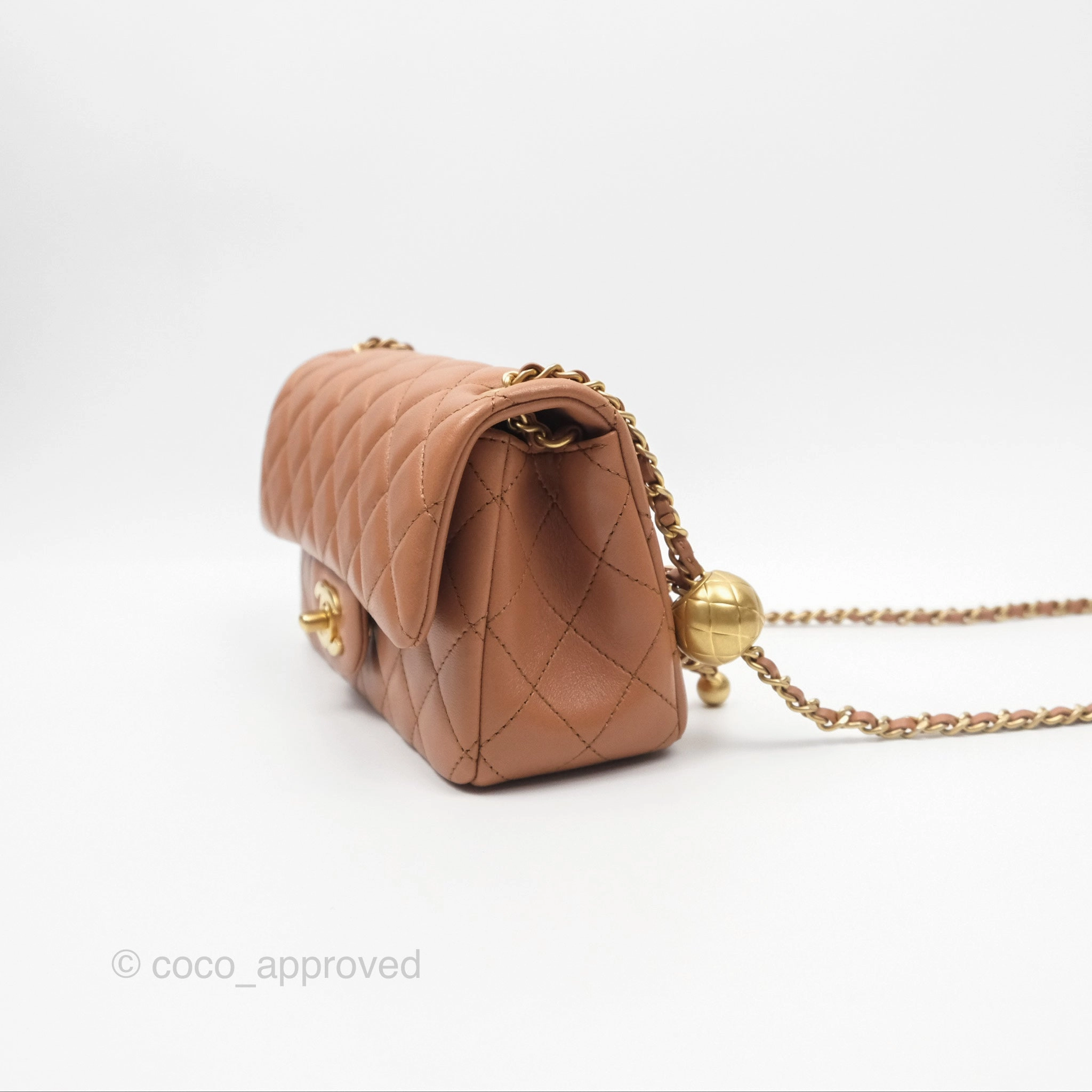 Chanel Mini Rectangular Pearl Crush Caramel Dark Beige Lambskin Aged Gold Hardware