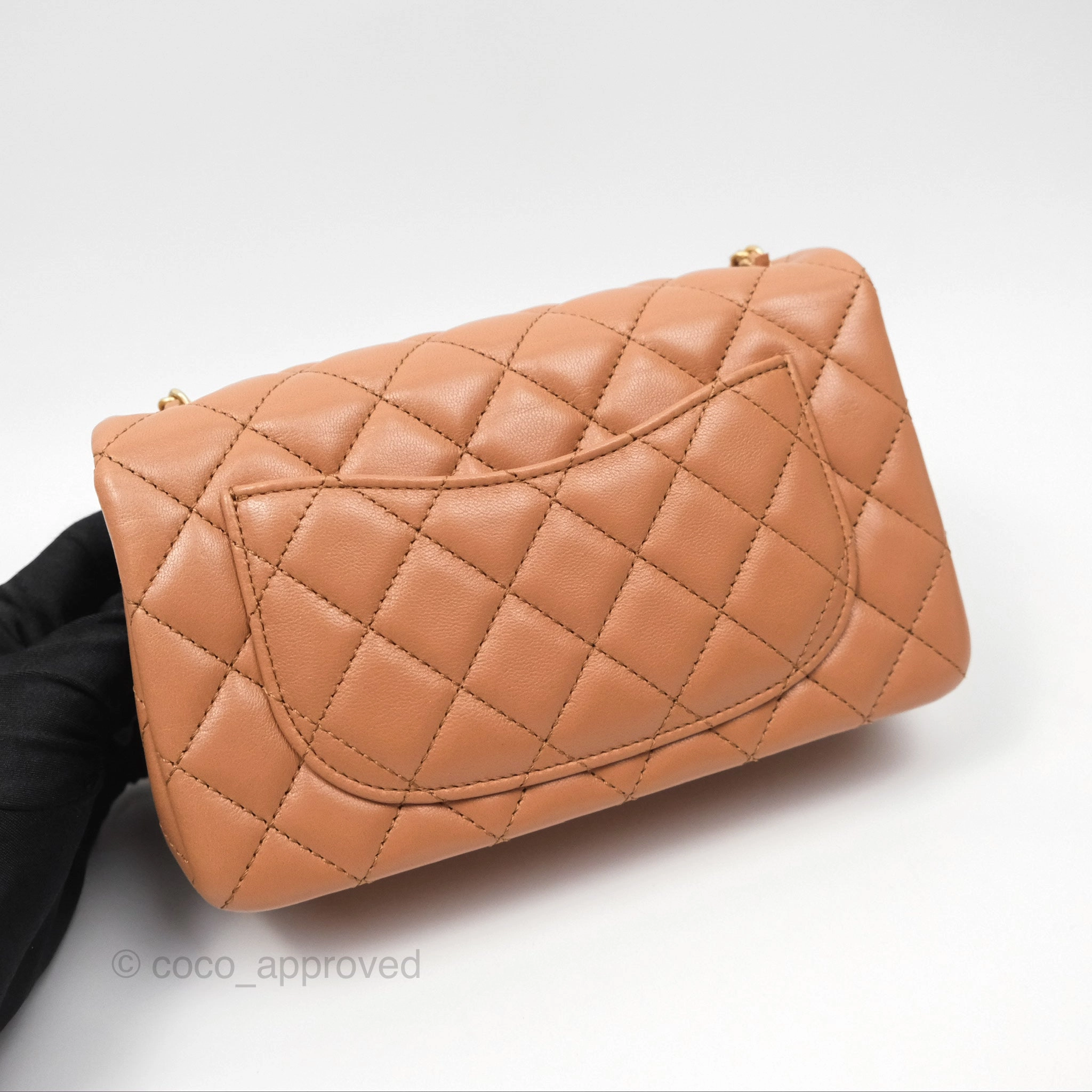 Chanel Mini Rectangular Pearl Crush Caramel Dark Beige Lambskin Aged Gold Hardware