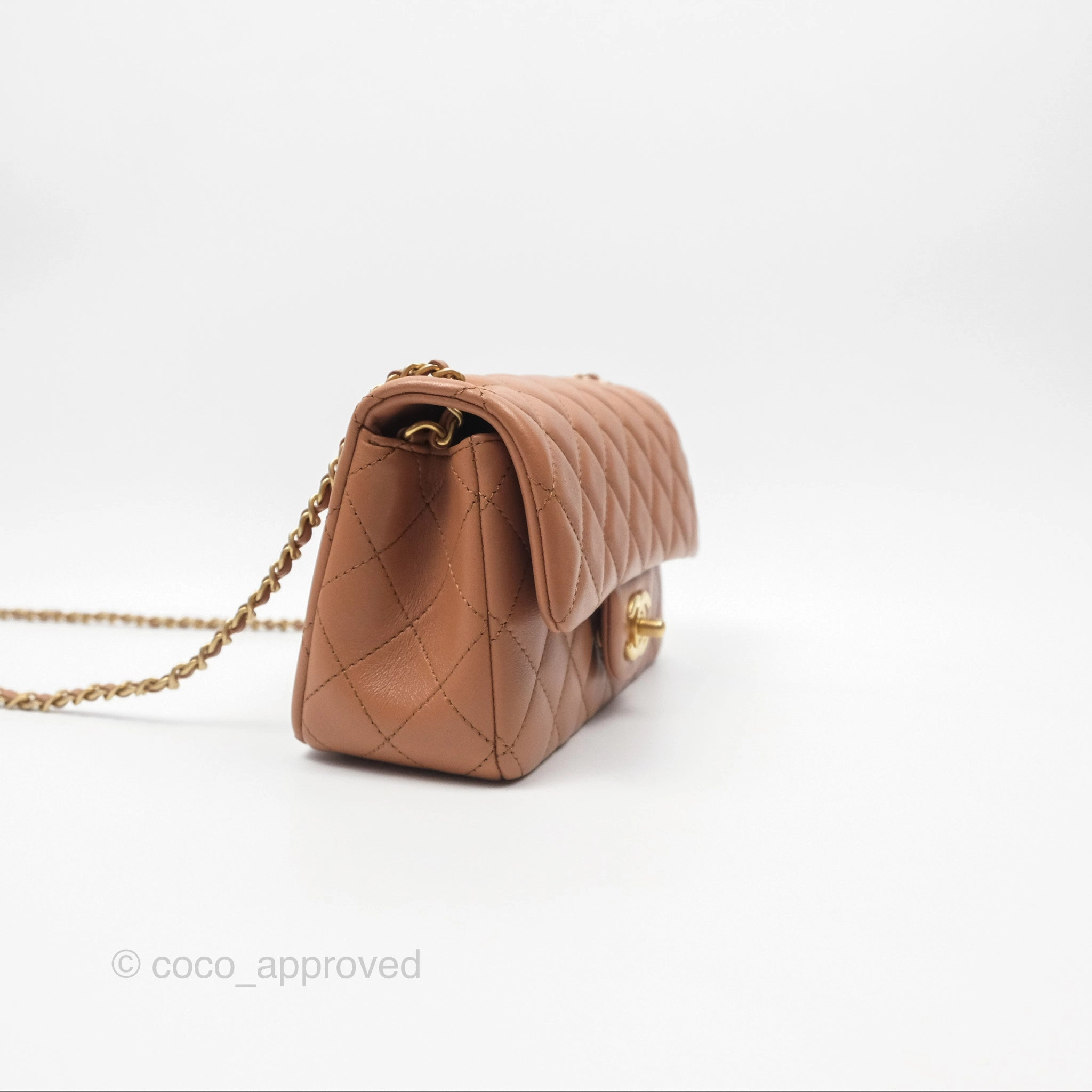 Chanel Mini Rectangular Pearl Crush Caramel Dark Beige Lambskin Aged Gold Hardware