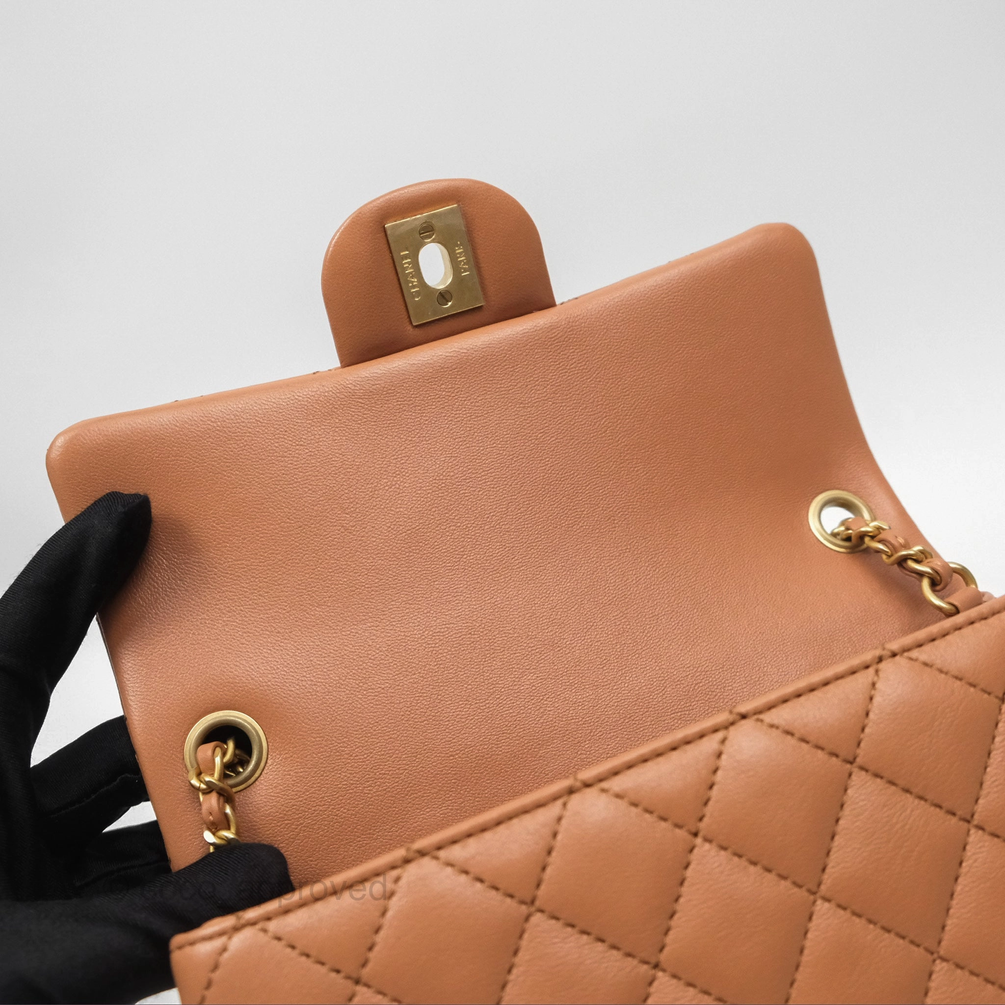 Chanel Mini Rectangular Pearl Crush Caramel Dark Beige Lambskin Aged Gold Hardware