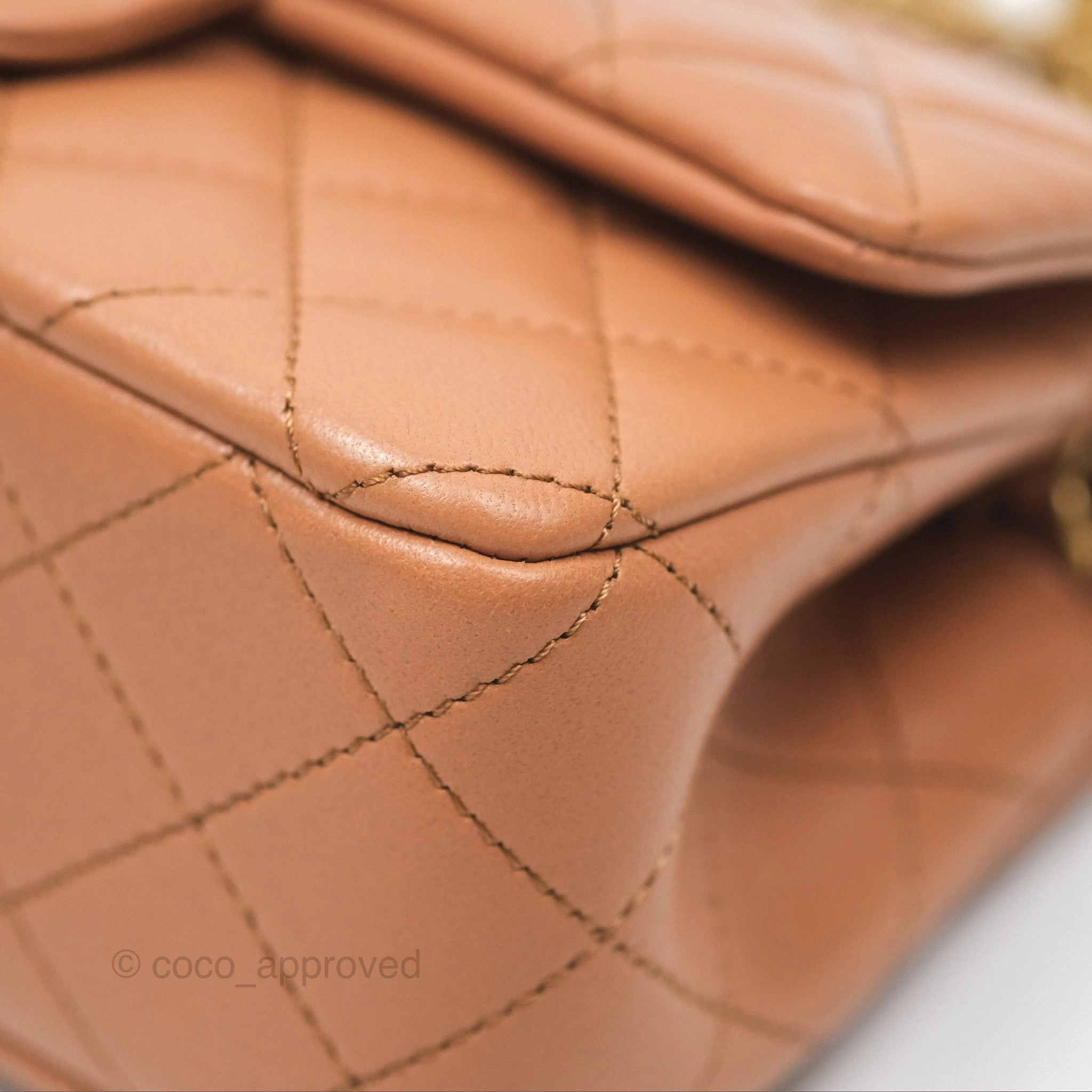 Chanel Mini Rectangular Pearl Crush Caramel Dark Beige Lambskin Aged Gold Hardware