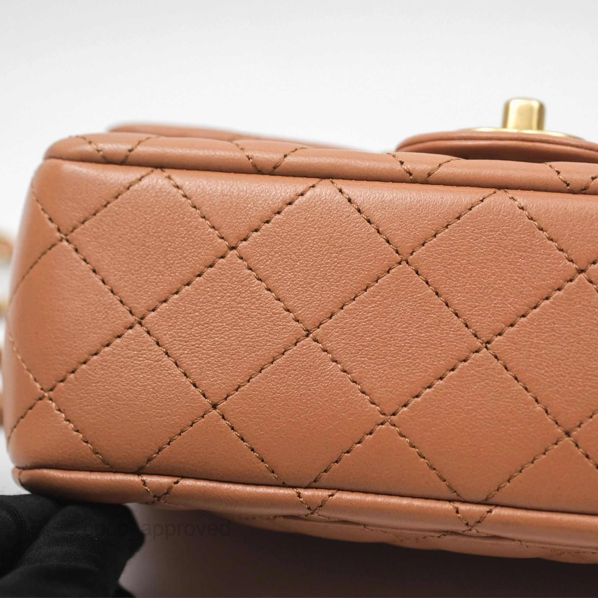Chanel Mini Rectangular Pearl Crush Caramel Dark Beige Lambskin Aged Gold Hardware
