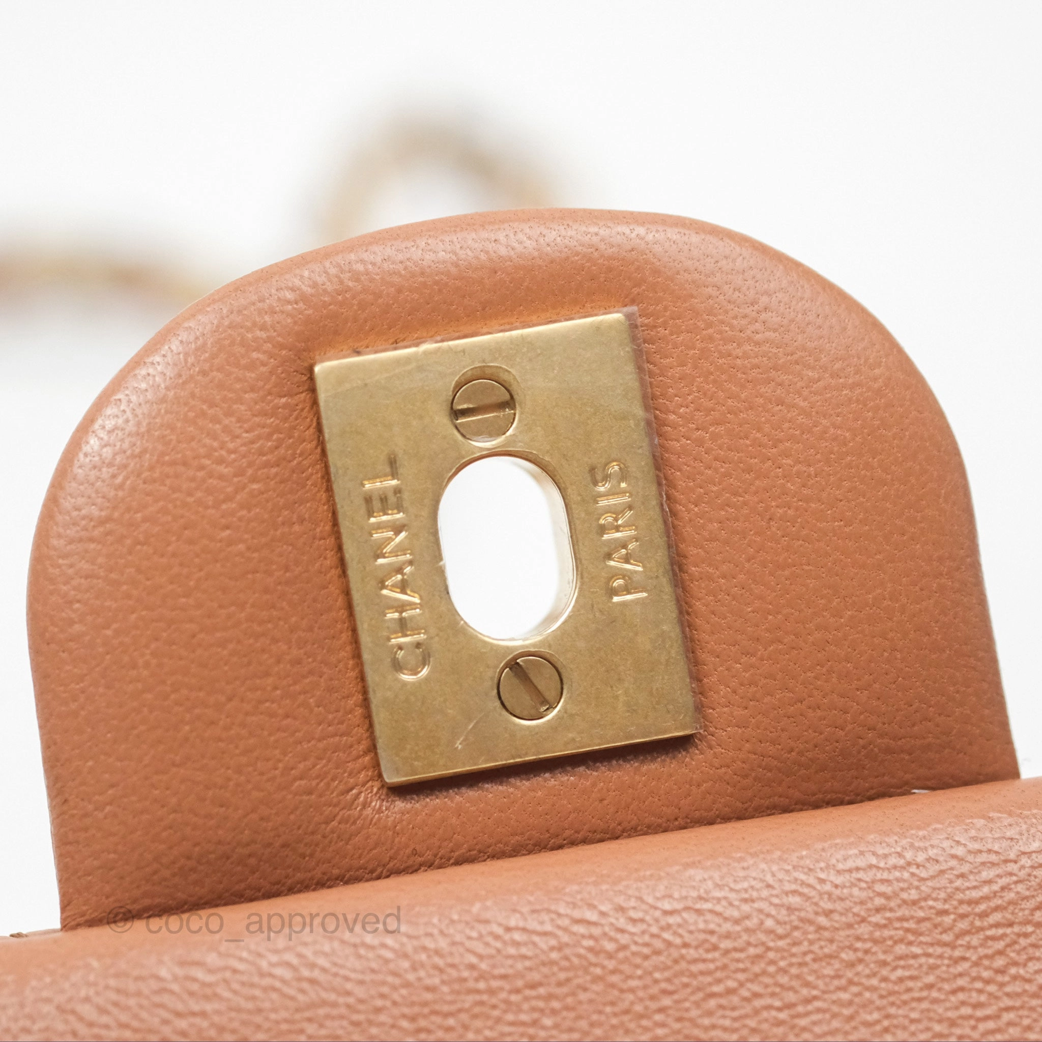 Chanel Mini Rectangular Pearl Crush Caramel Dark Beige Lambskin Aged Gold Hardware