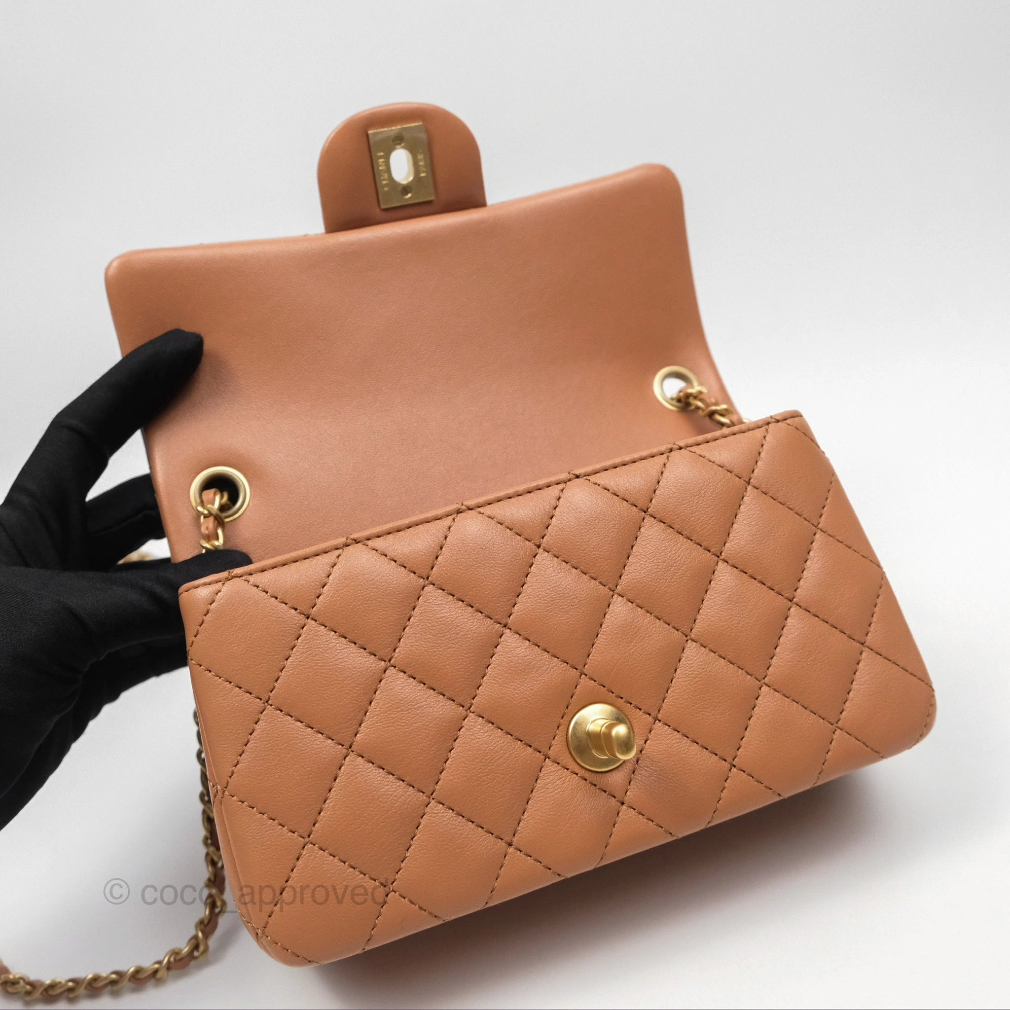 Chanel Mini Rectangular Pearl Crush Caramel Dark Beige Lambskin Aged Gold Hardware