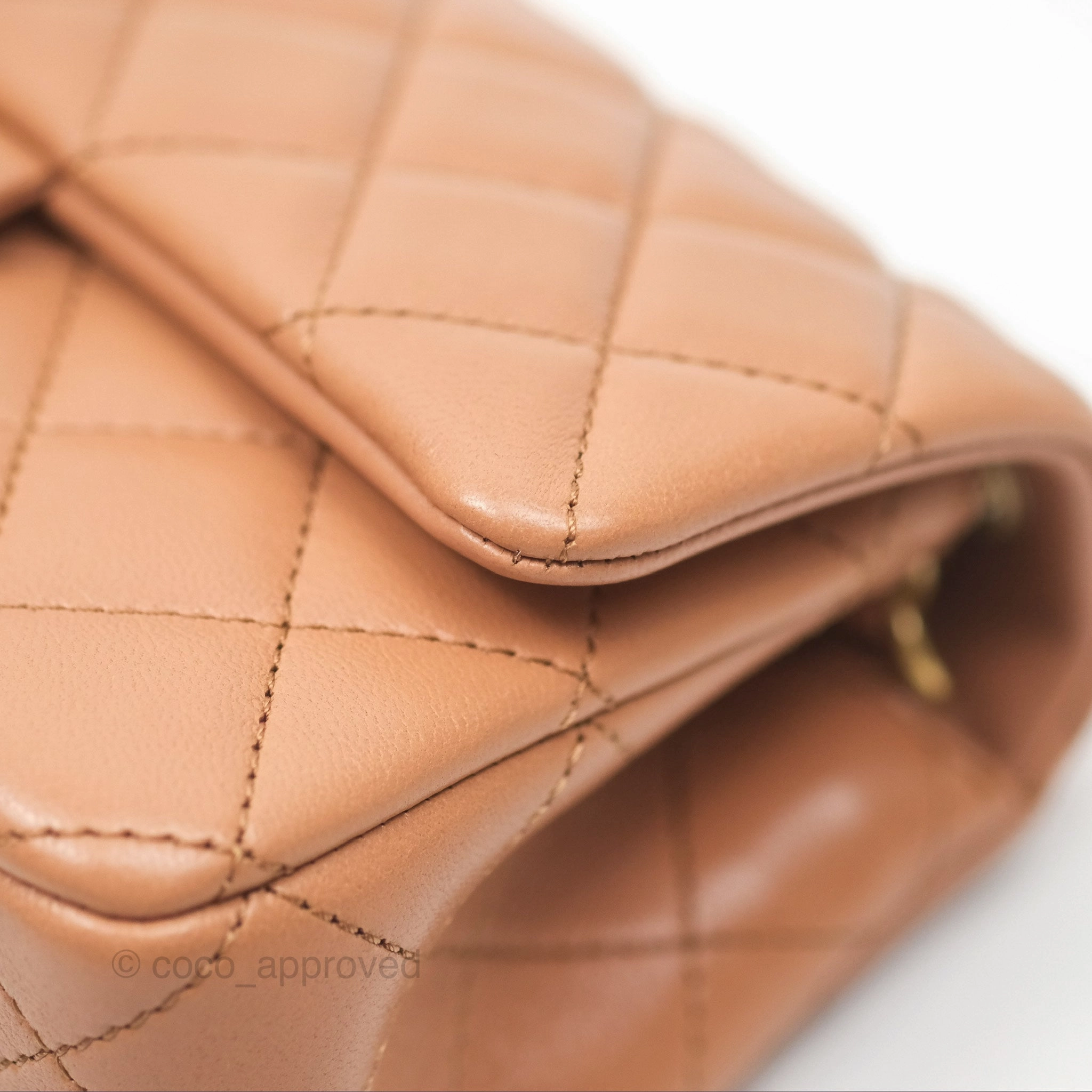 Chanel Mini Rectangular Pearl Crush Caramel Dark Beige Lambskin Aged Gold Hardware