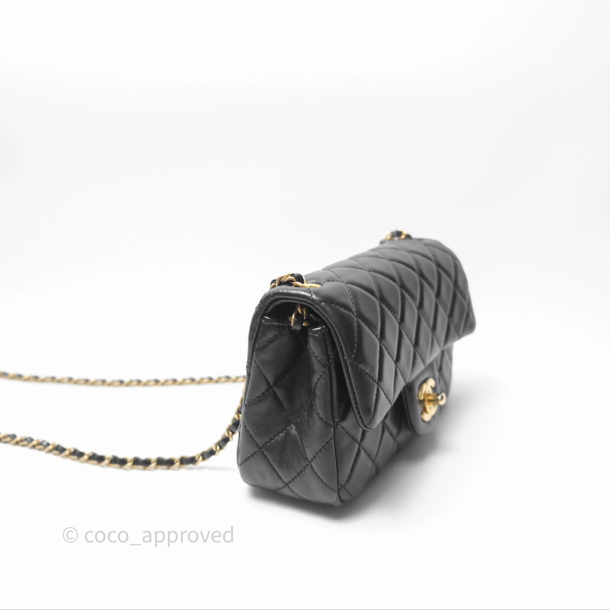 Chanel Mini Rectangular Pearl Crush Quilted Black Lambskin Aged Gold Hardware