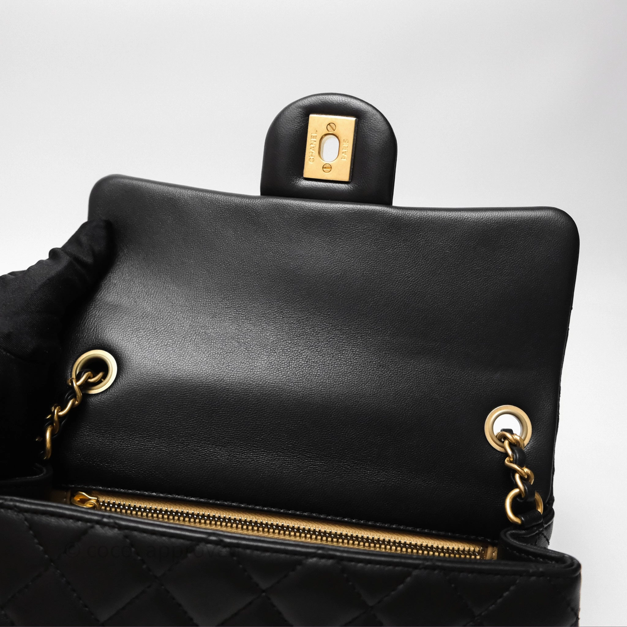 Chanel Mini Rectangular Pearl Crush Quilted Black Lambskin Aged Gold Hardware