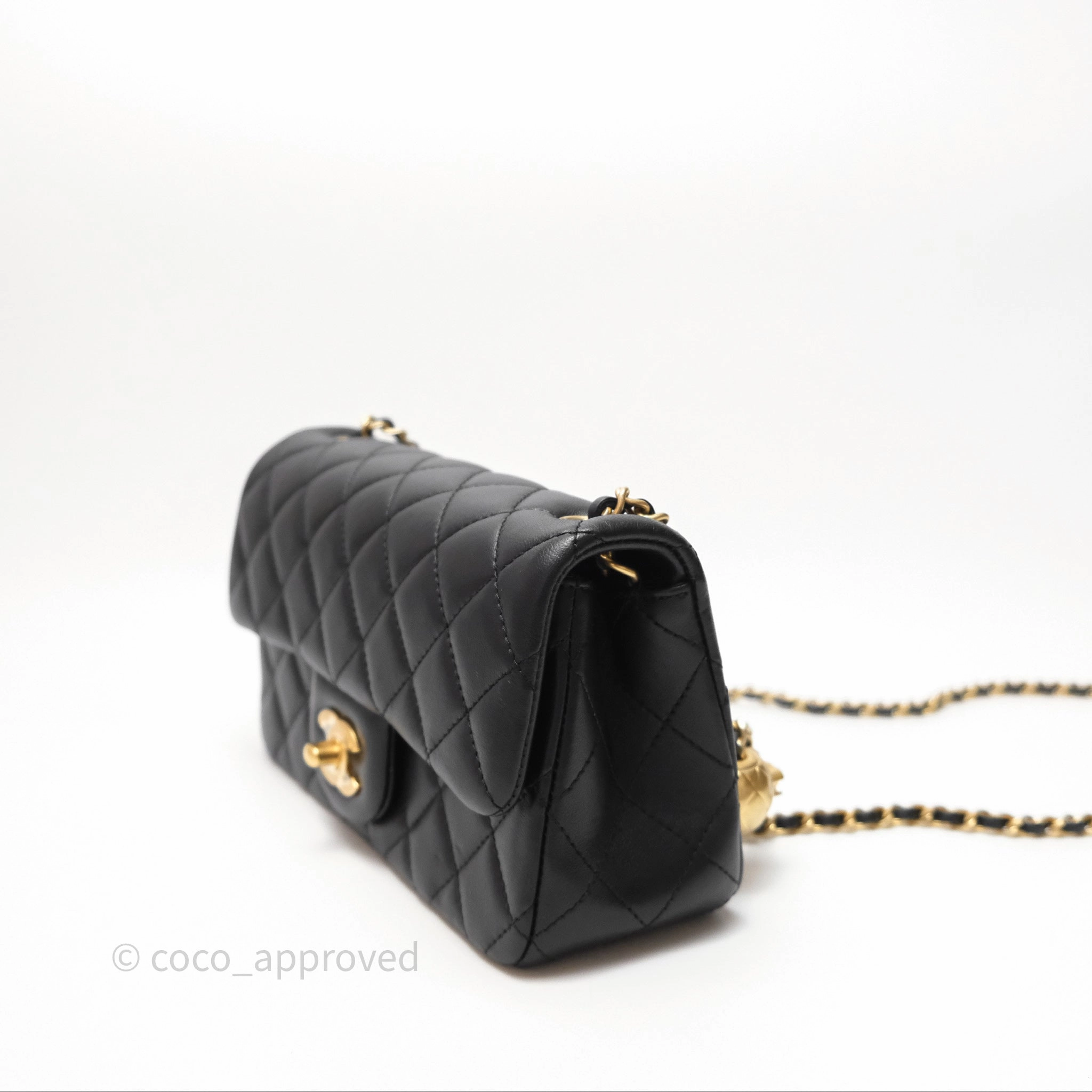 Chanel Mini Rectangular Pearl Crush Quilted Black Lambskin Aged Gold Hardware