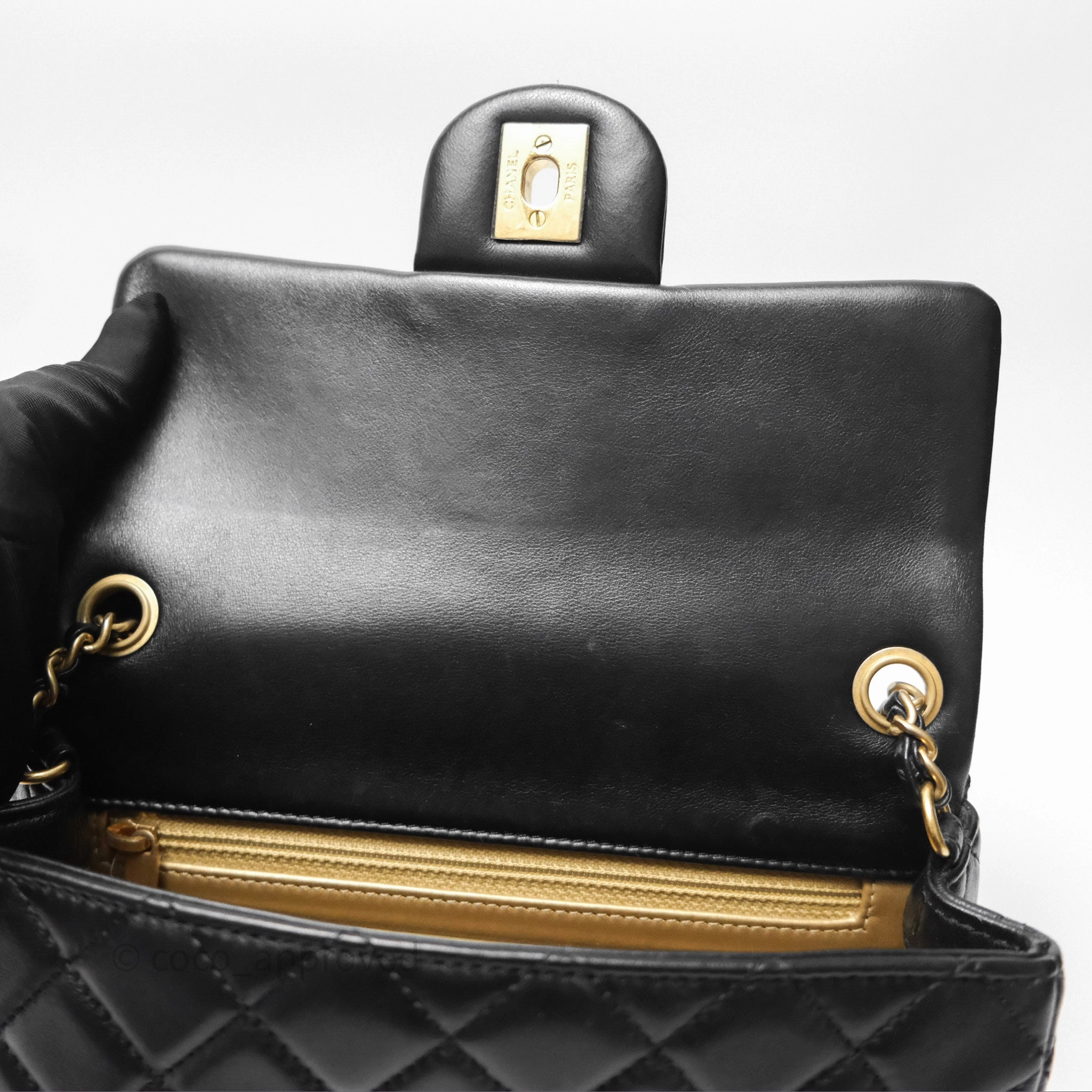 Chanel Mini Rectangular Pearl Crush Quilted Black Lambskin Aged Gold Hardware