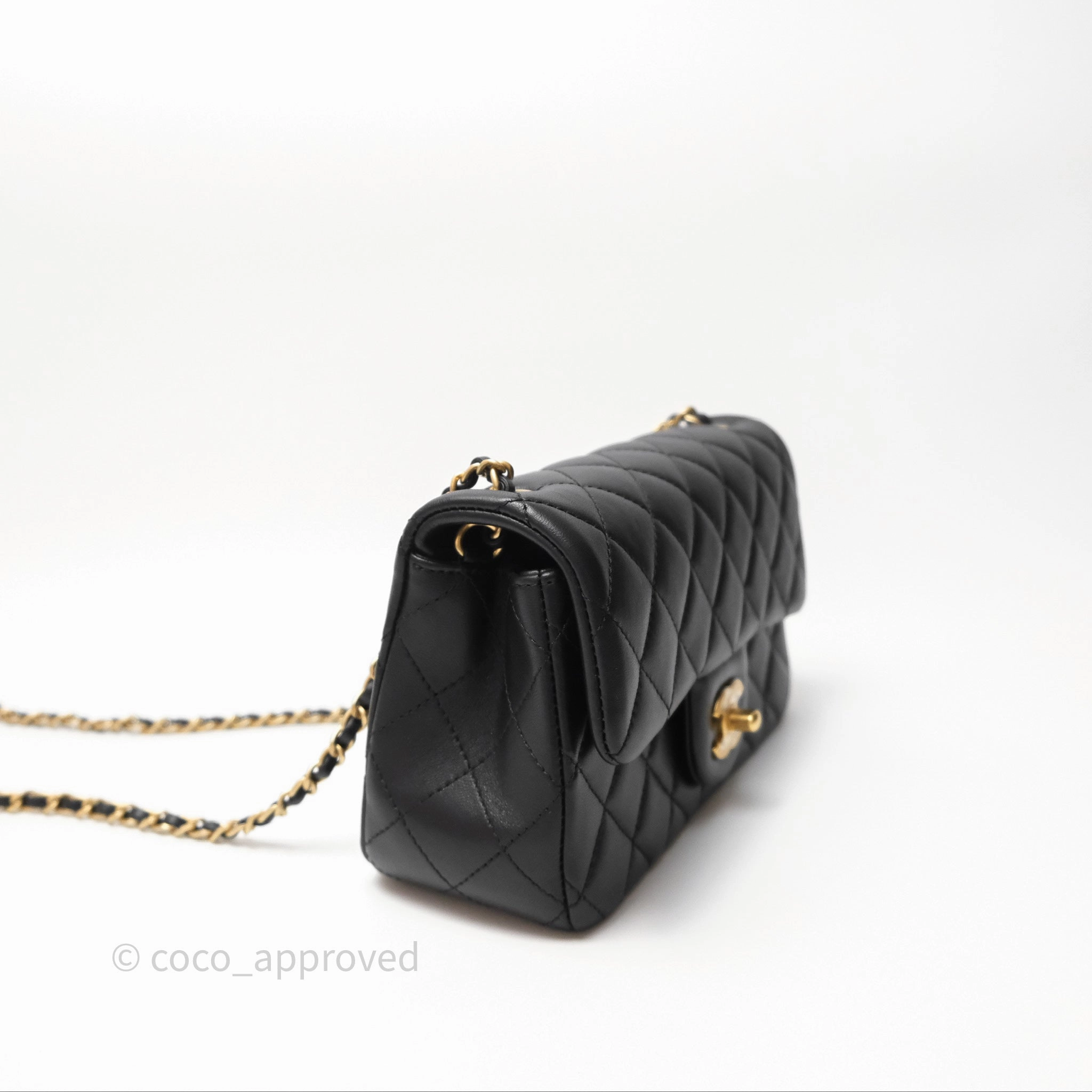 Chanel Mini Rectangular Pearl Crush Quilted Black Lambskin Aged Gold Hardware