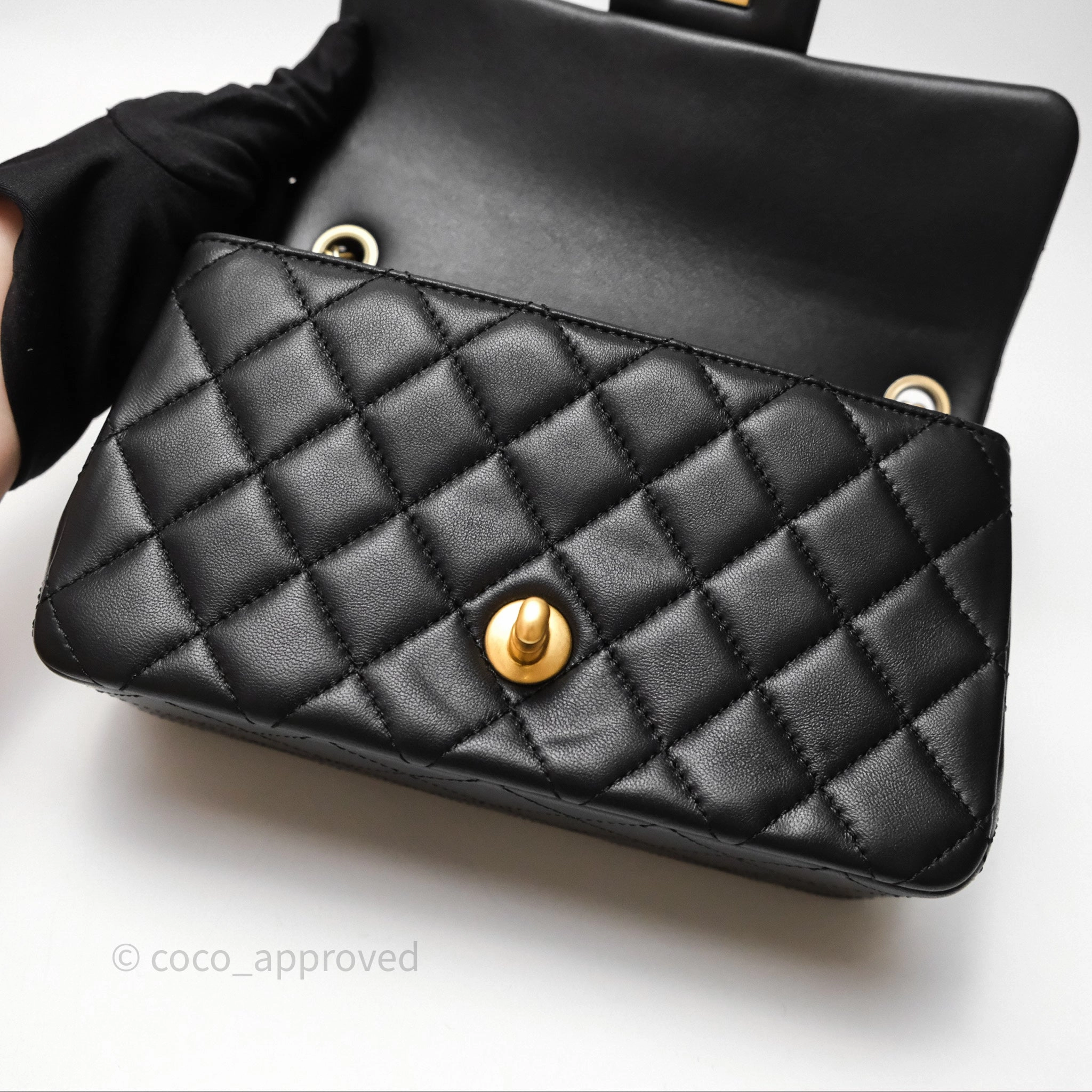 Chanel Mini Rectangular Pearl Crush Quilted Black Lambskin Aged Gold Hardware