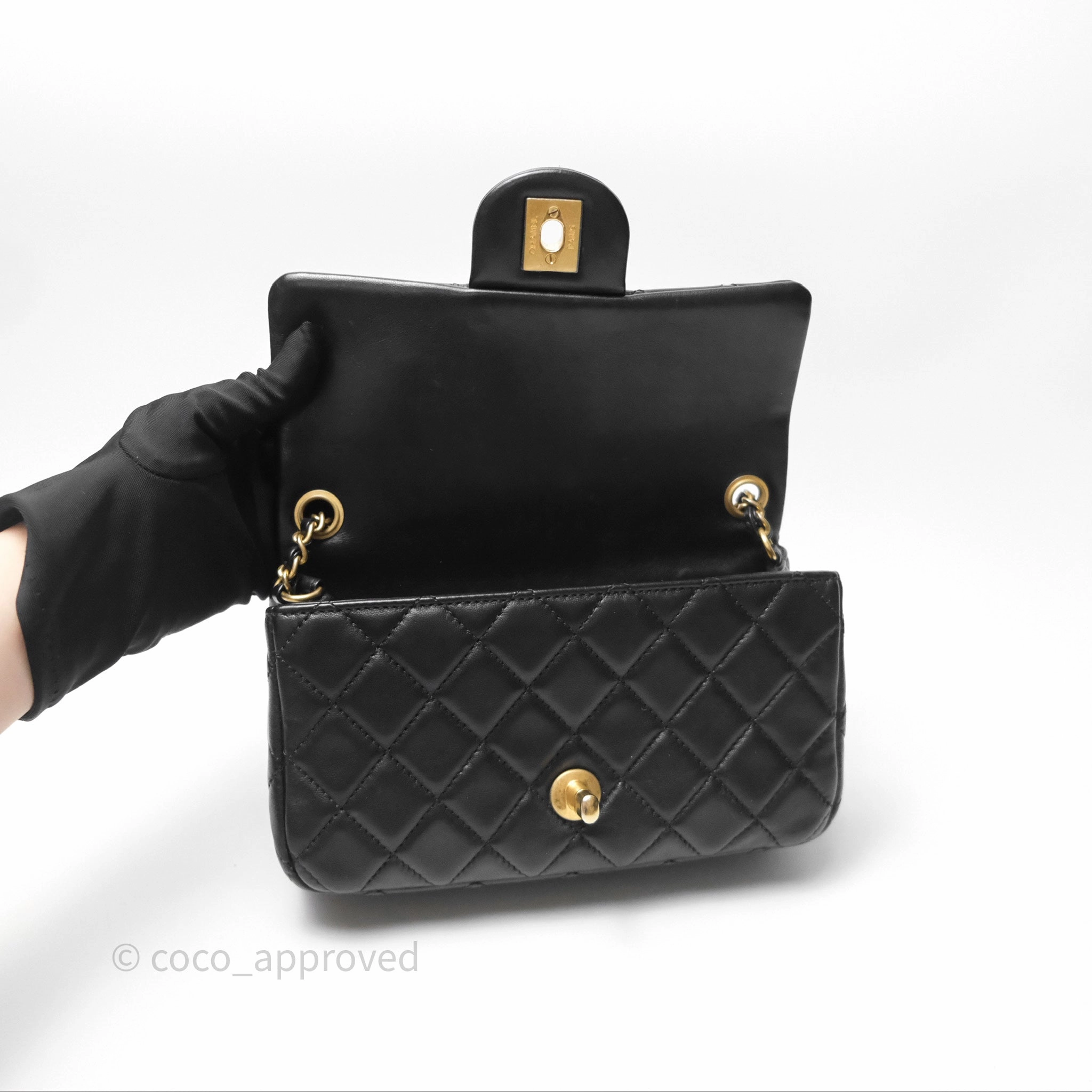 Chanel Mini Rectangular Pearl Crush Quilted Black Lambskin Aged Gold Hardware