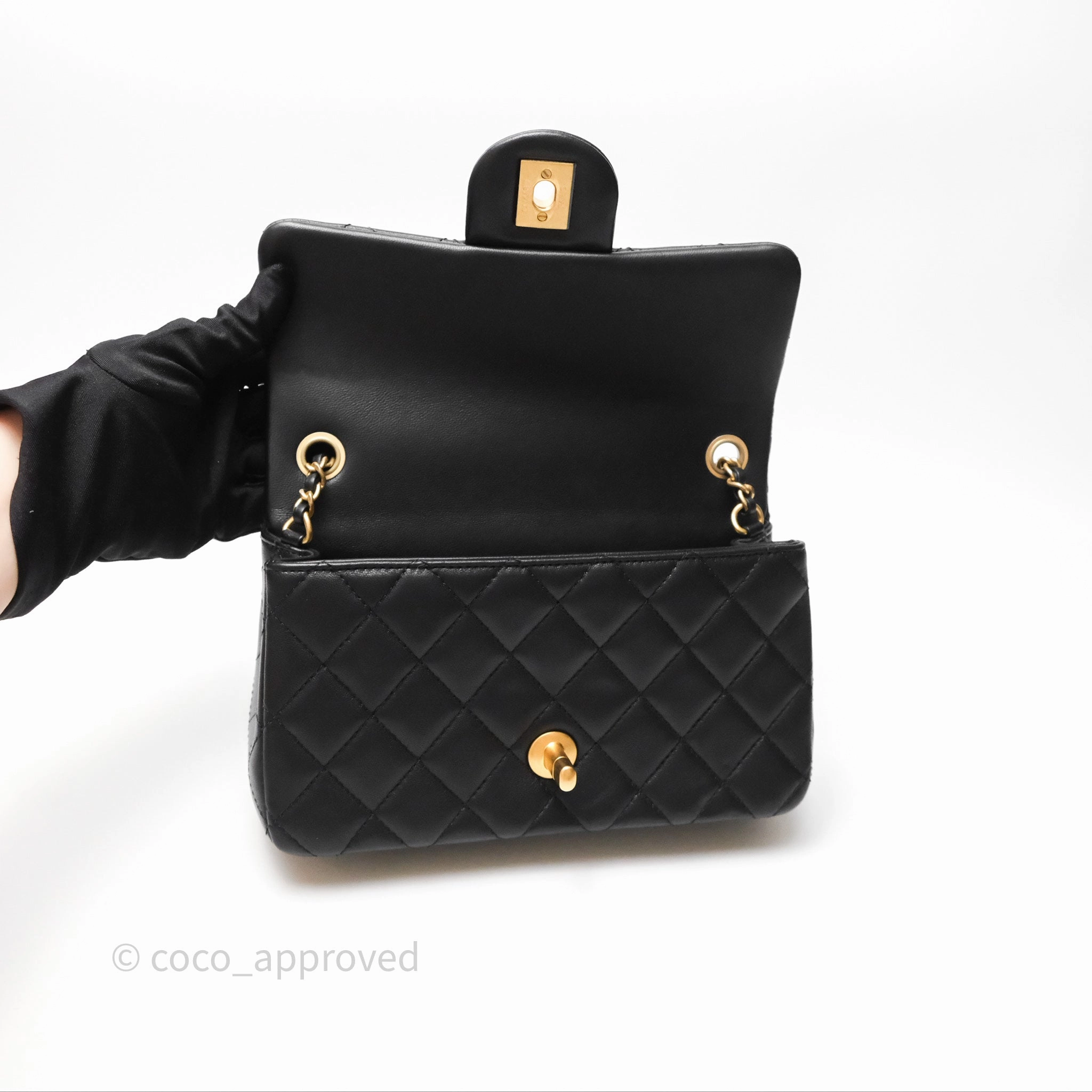 Chanel Mini Rectangular Pearl Crush Quilted Black Lambskin Aged Gold Hardware