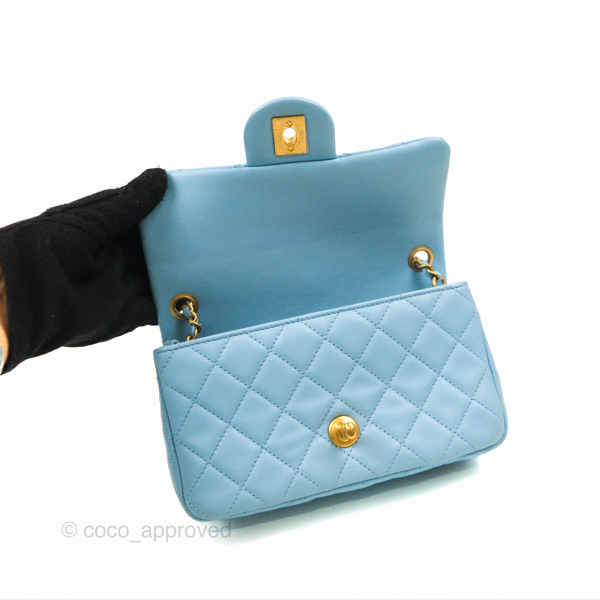 Chanel Mini Rectangular Pearl Crush Quilted Blue Lambskin Aged Gold Hardware