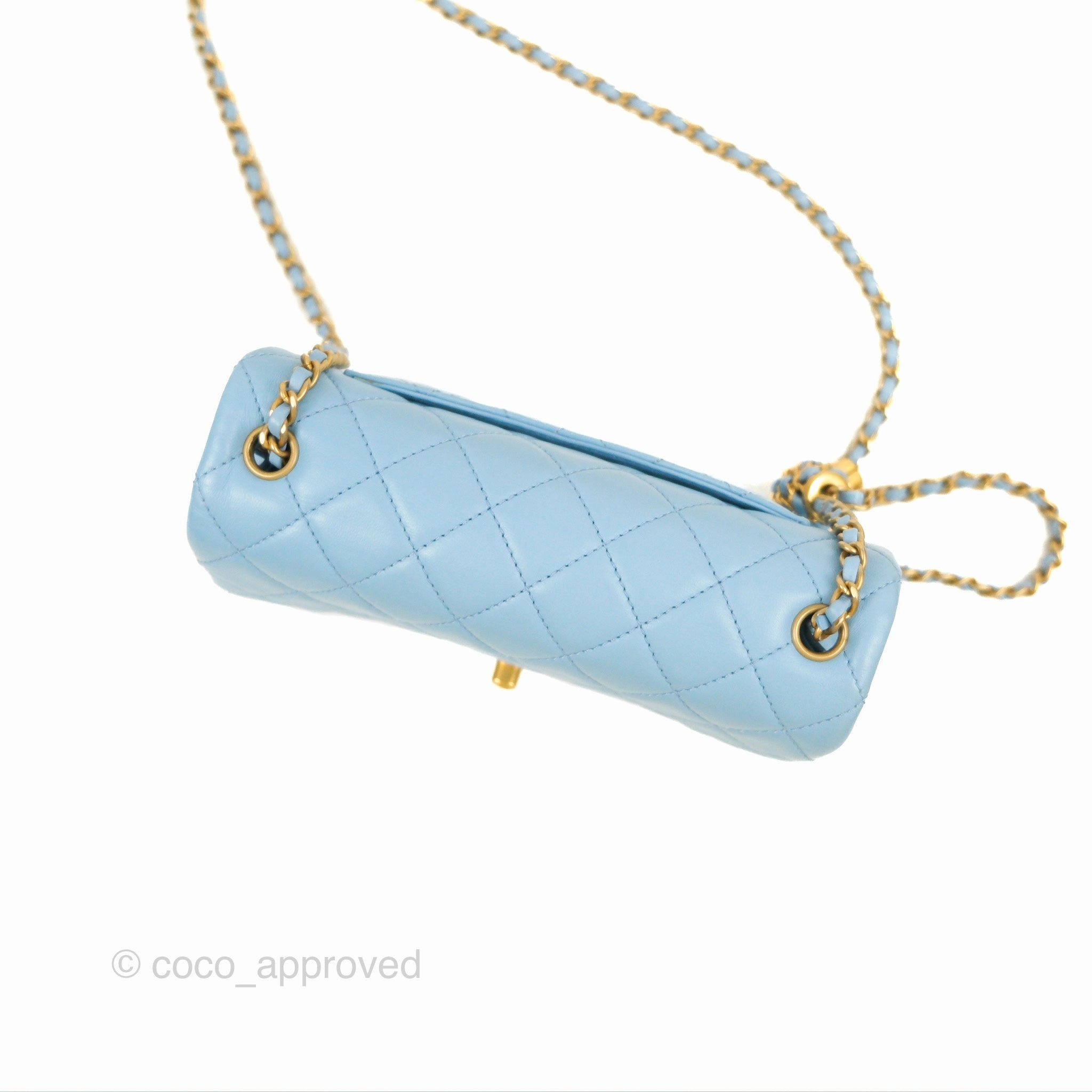 Chanel Mini Rectangular Pearl Crush Quilted Blue Lambskin Aged Gold Hardware