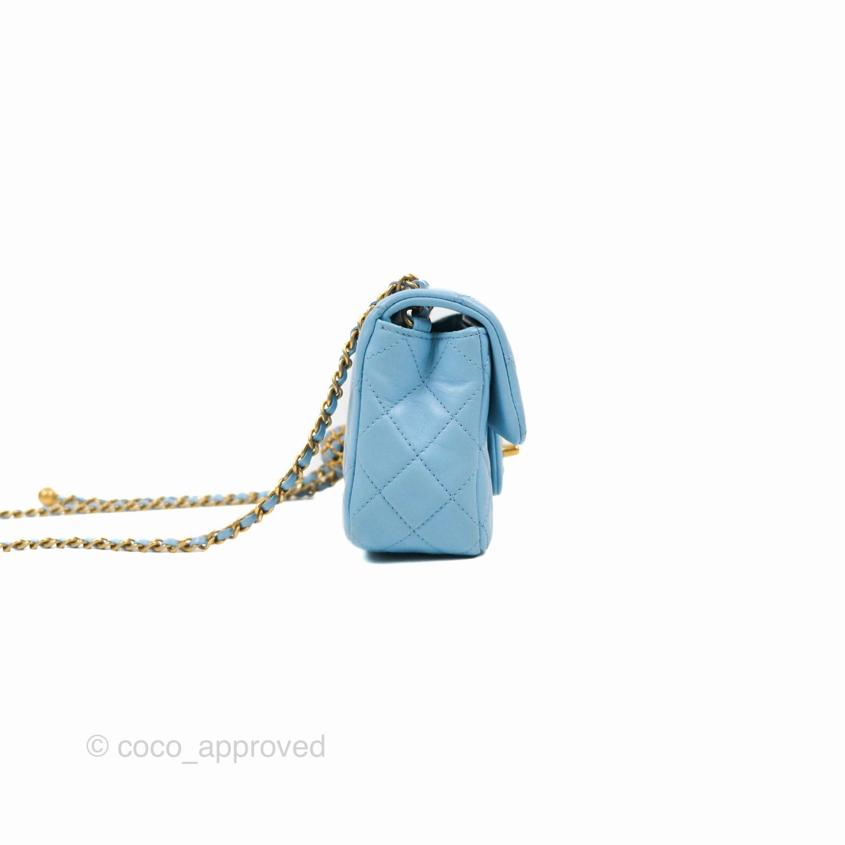 Chanel Mini Rectangular Pearl Crush Quilted Blue Lambskin Aged Gold Hardware