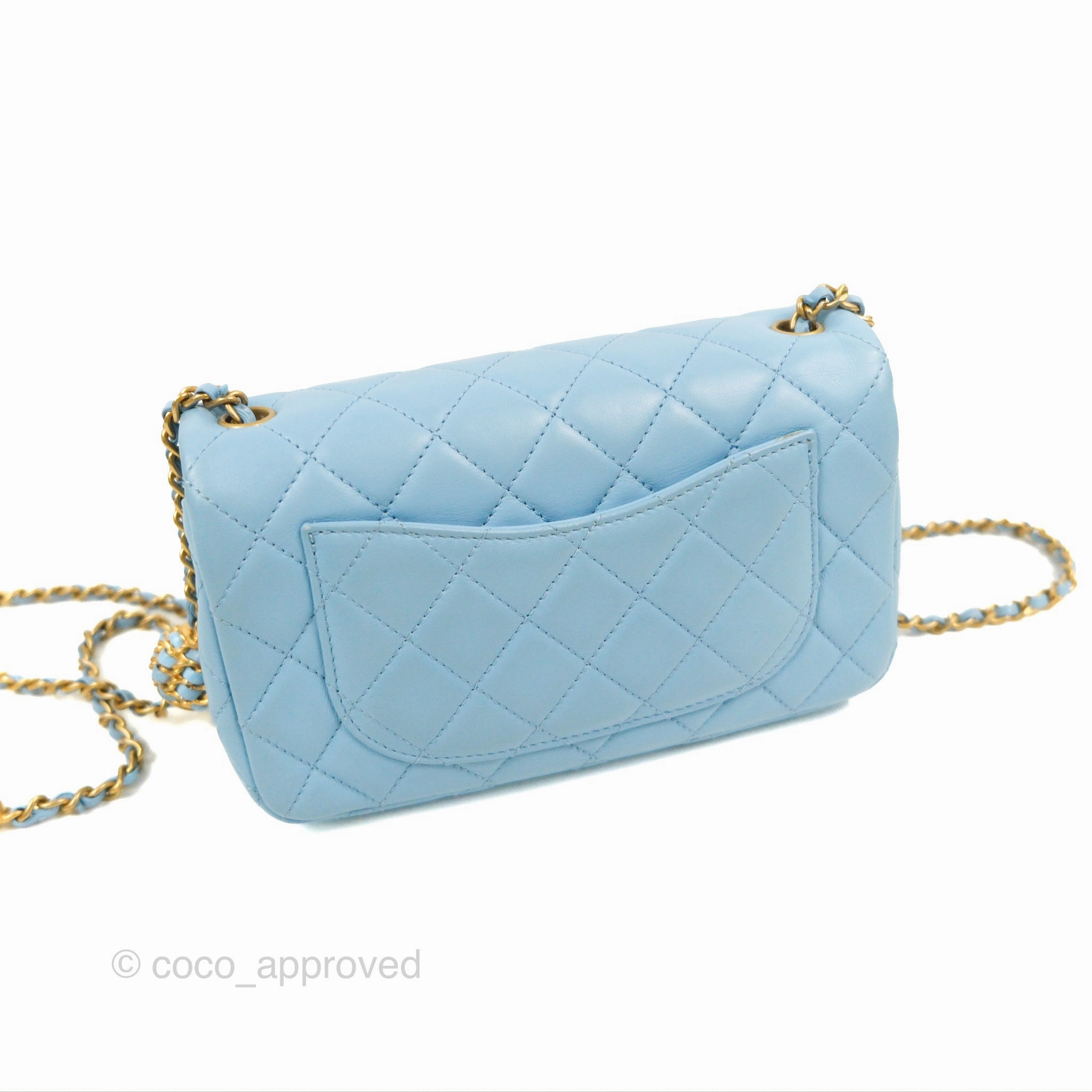 Chanel Mini Rectangular Pearl Crush Quilted Blue Lambskin Aged Gold Hardware