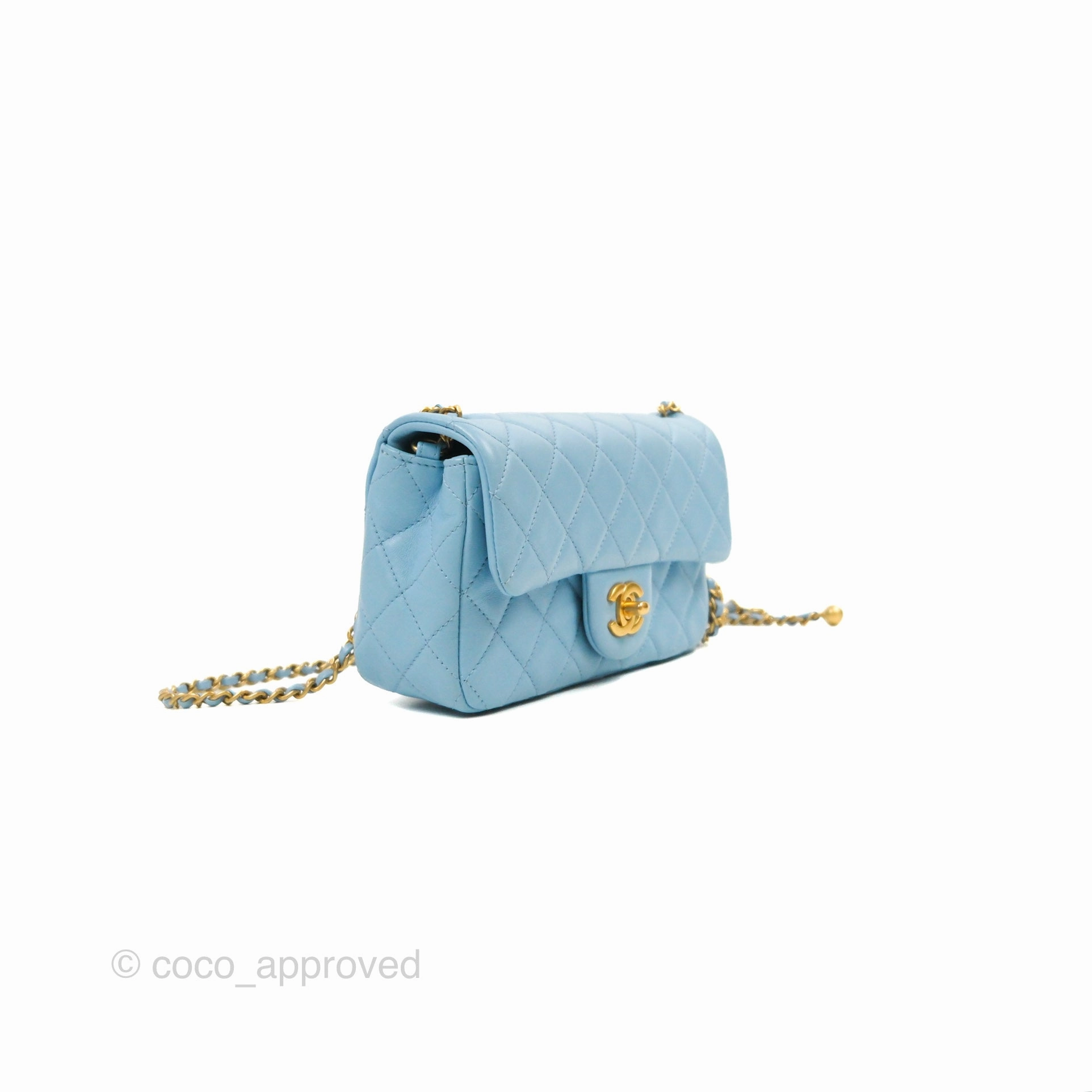 Chanel Mini Rectangular Pearl Crush Quilted Blue Lambskin Aged Gold Hardware