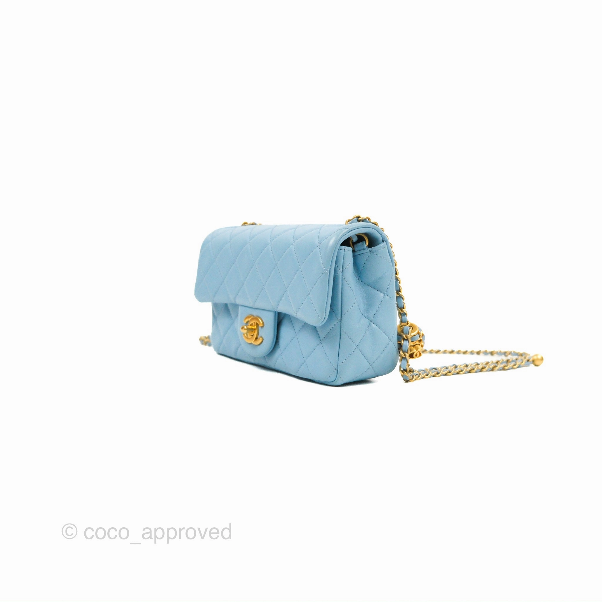 Chanel Mini Rectangular Pearl Crush Quilted Blue Lambskin Aged Gold Hardware