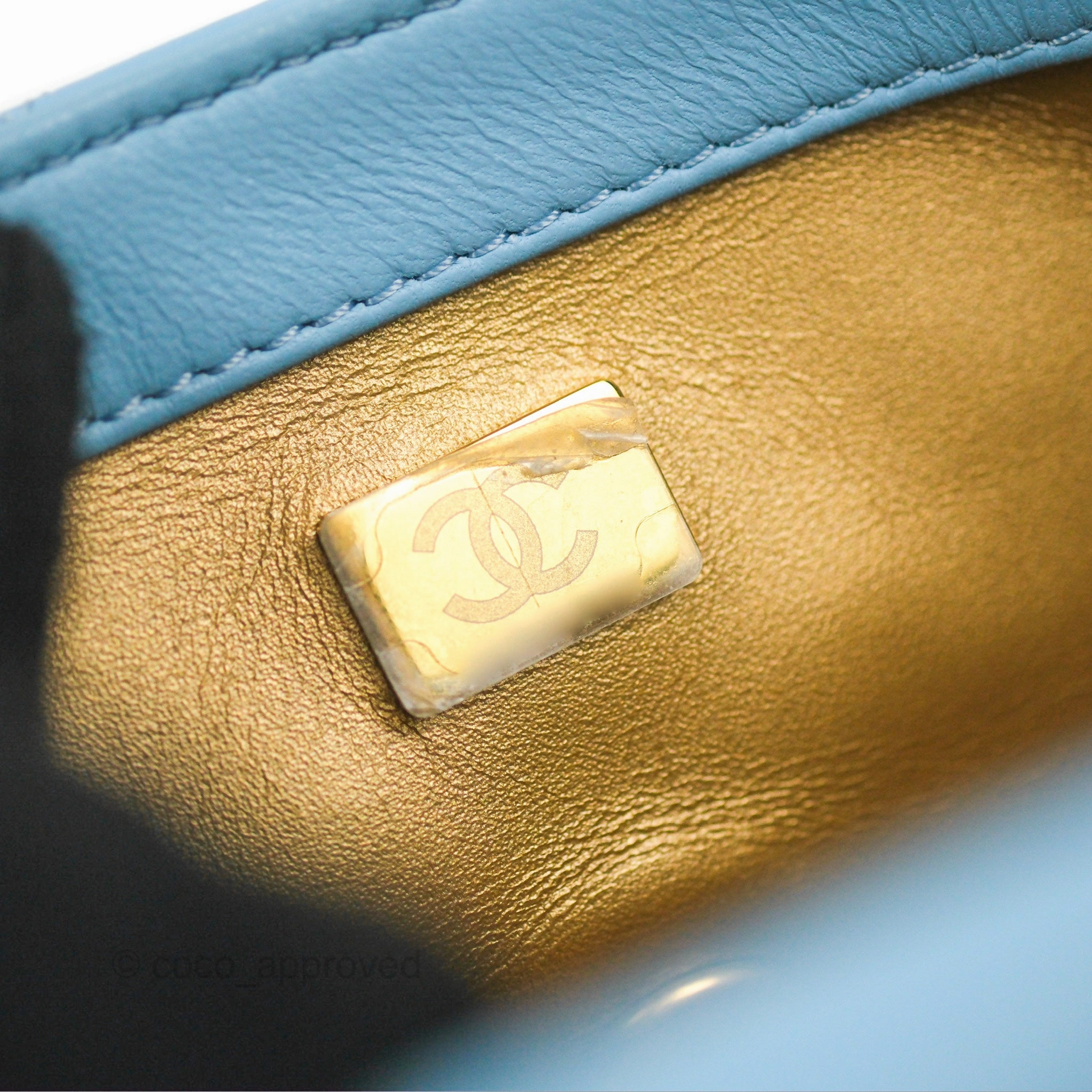 Chanel Mini Rectangular Pearl Crush Quilted Blue Lambskin Aged Gold Hardware