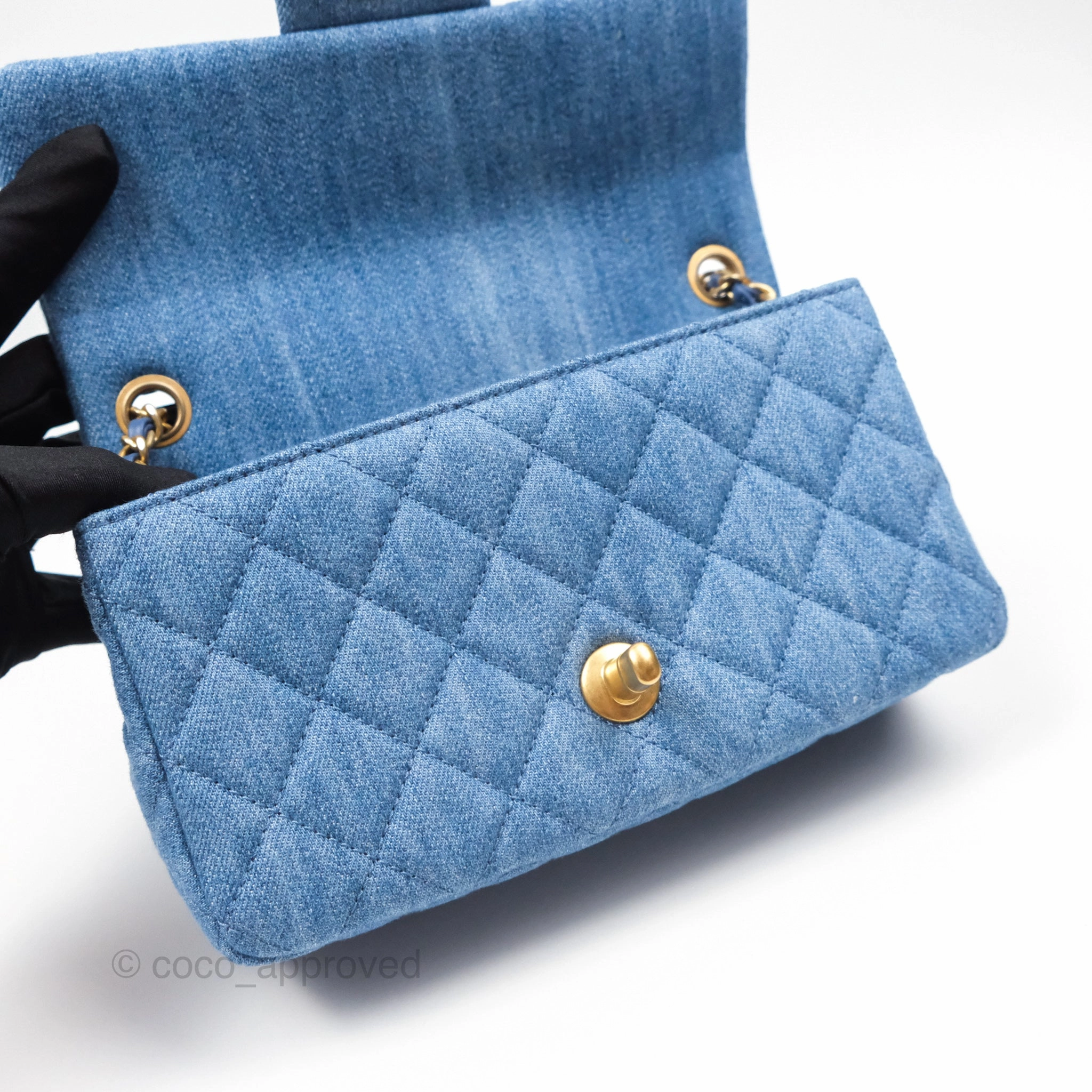 Chanel Mini Rectangular Pearl Crush Quilted Denim Aged Gold Hardware