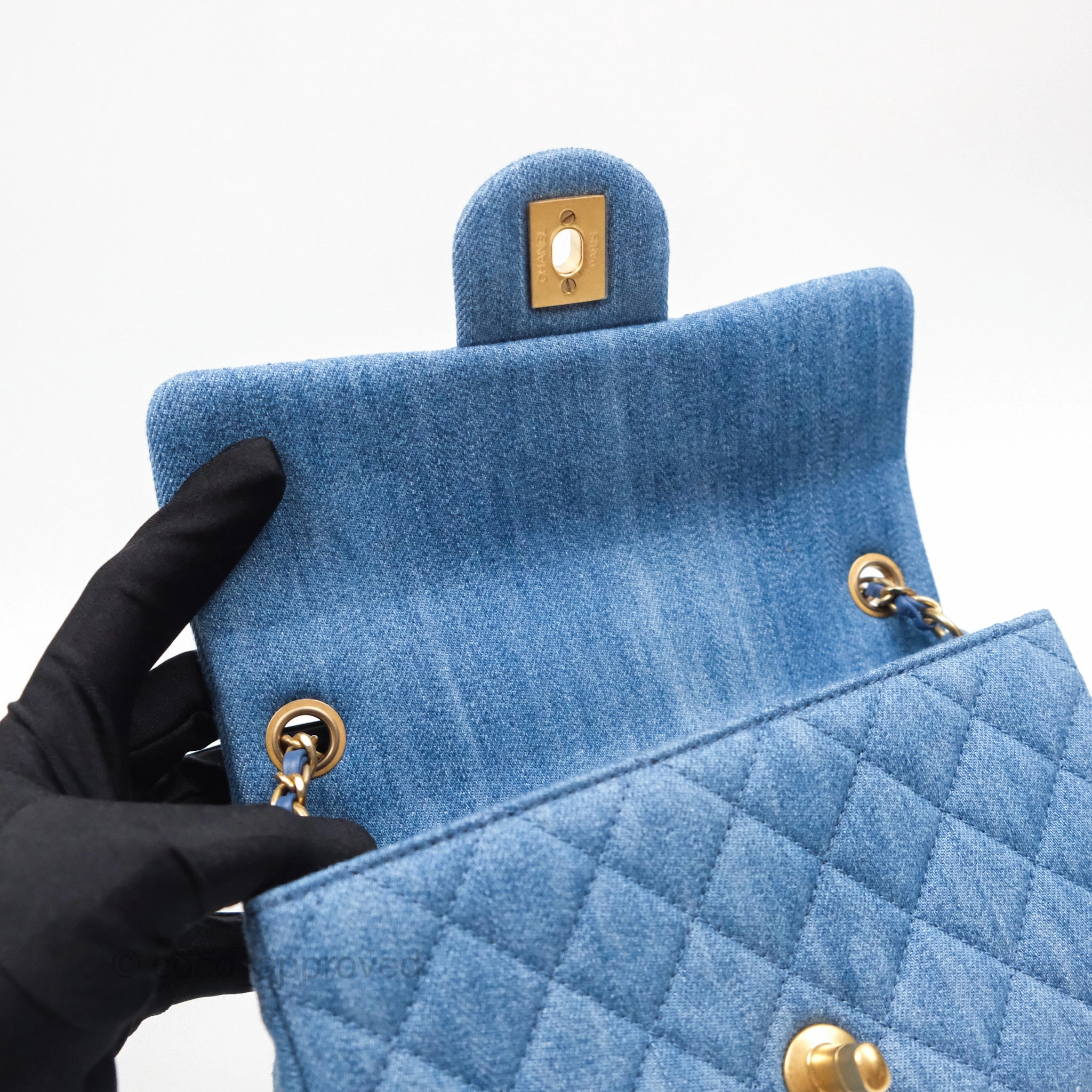 Chanel Mini Rectangular Pearl Crush Quilted Denim Aged Gold Hardware