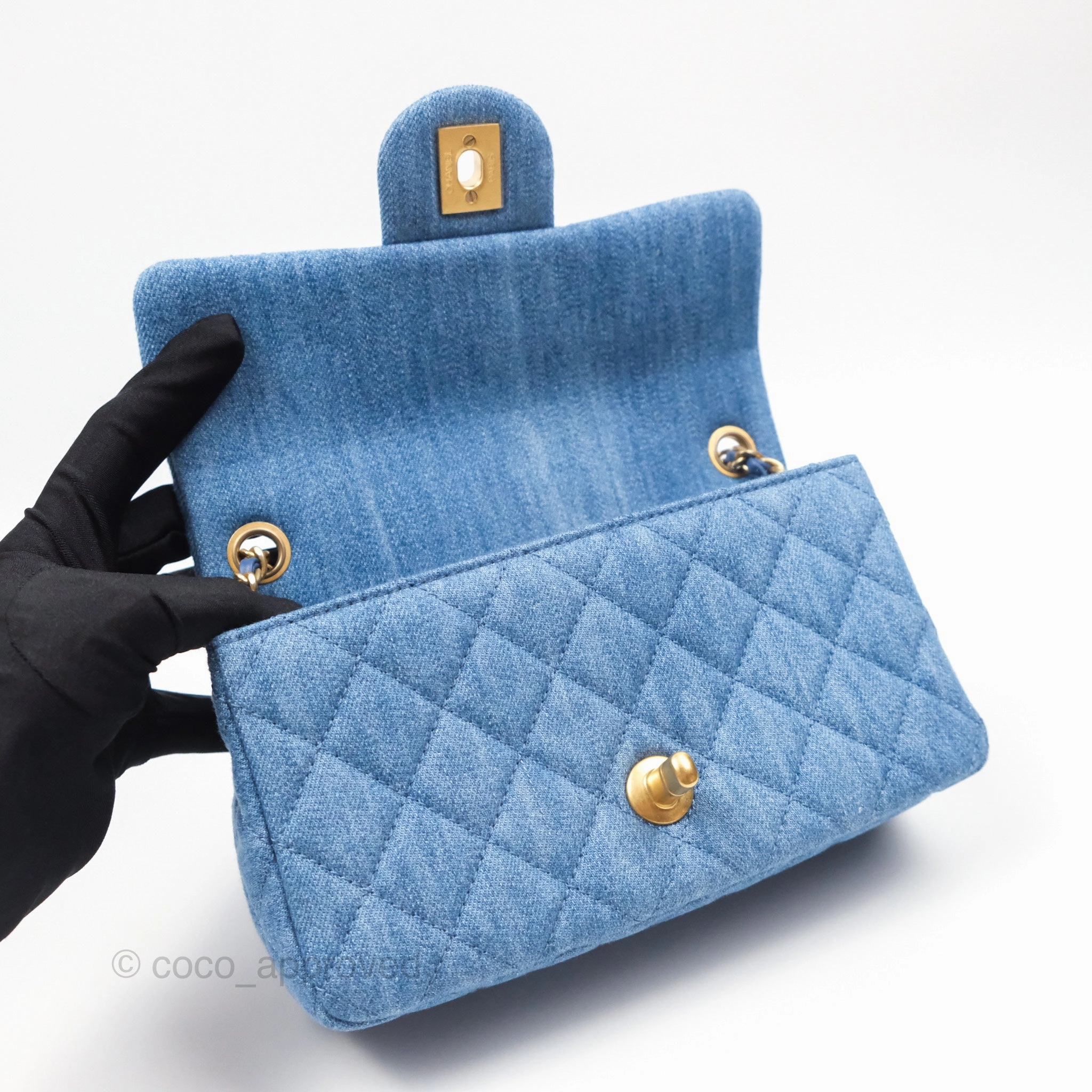 Chanel Mini Rectangular Pearl Crush Quilted Denim Aged Gold Hardware