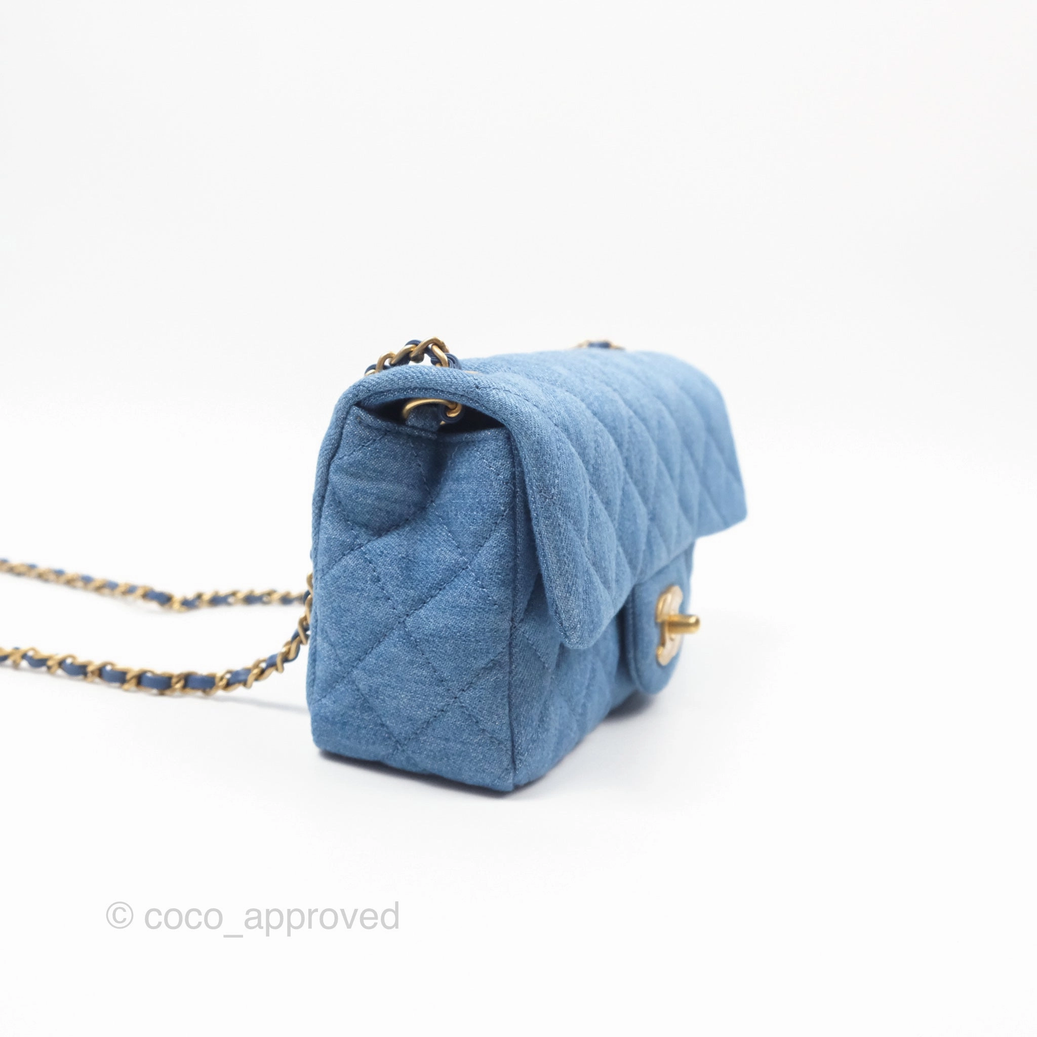 Chanel Mini Rectangular Pearl Crush Quilted Denim Aged Gold Hardware