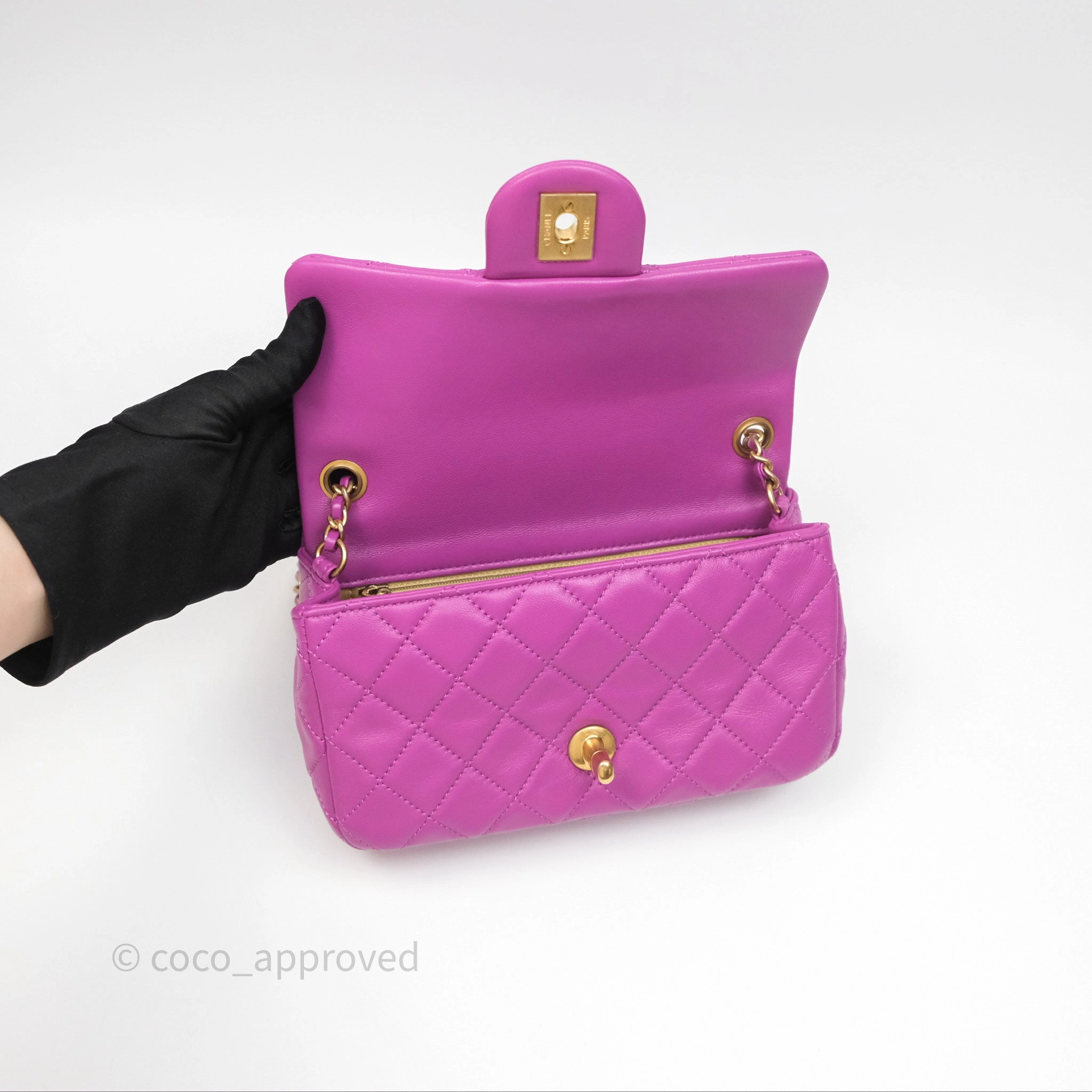 Chanel Mini Rectangular Pearl Crush Quilted Purple Lambskin Aged Gold Hardware