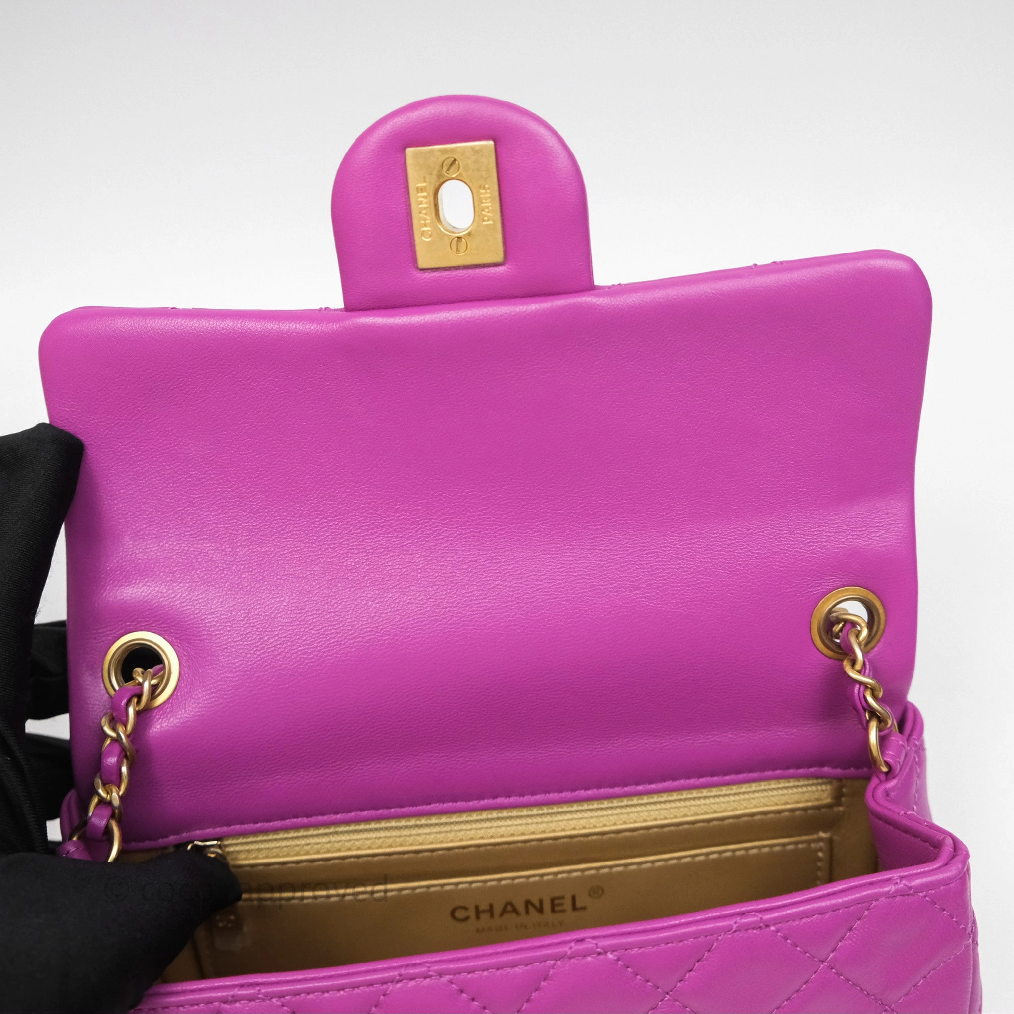 Chanel Mini Rectangular Pearl Crush Quilted Purple Lambskin Aged Gold Hardware