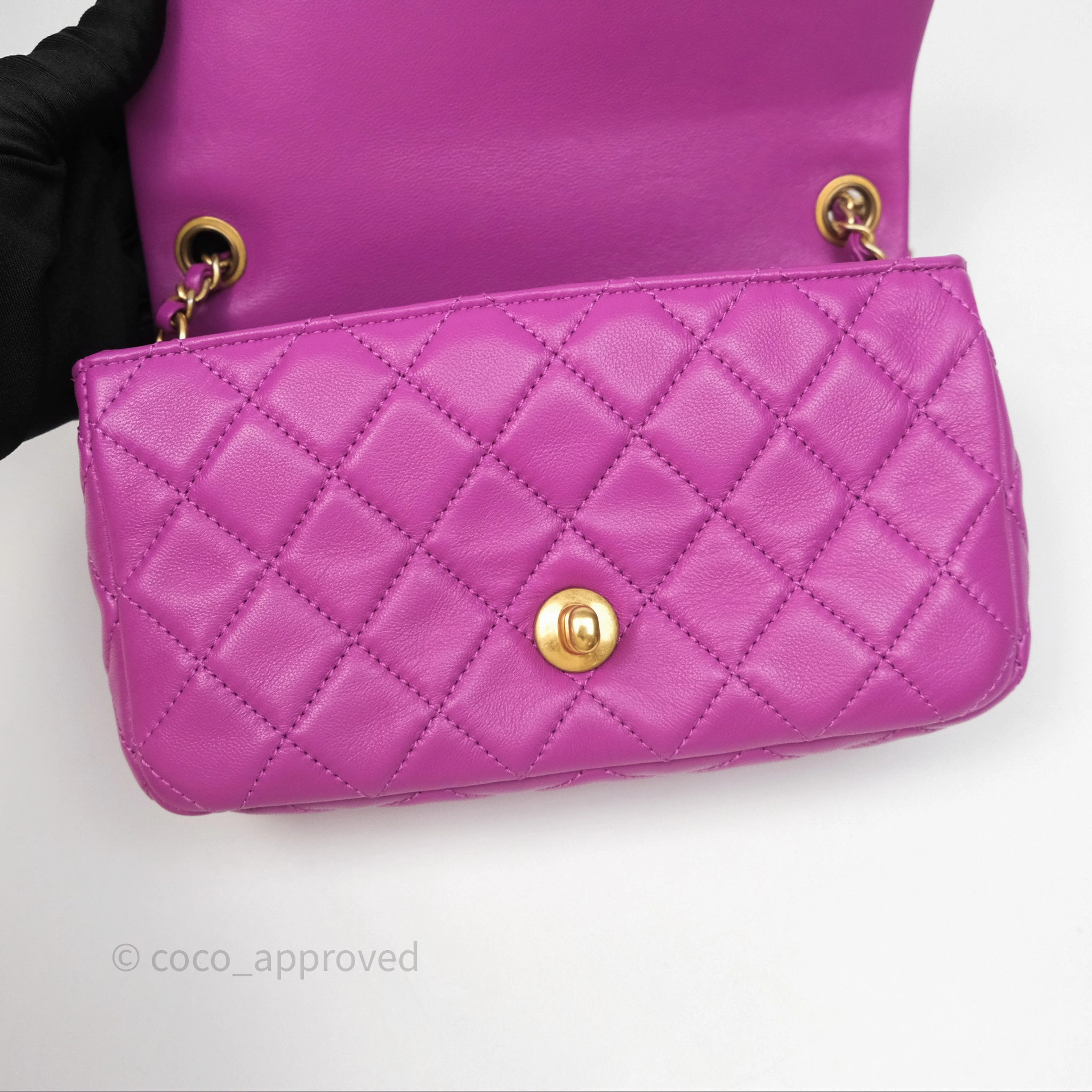 Chanel Mini Rectangular Pearl Crush Quilted Purple Lambskin Aged Gold Hardware