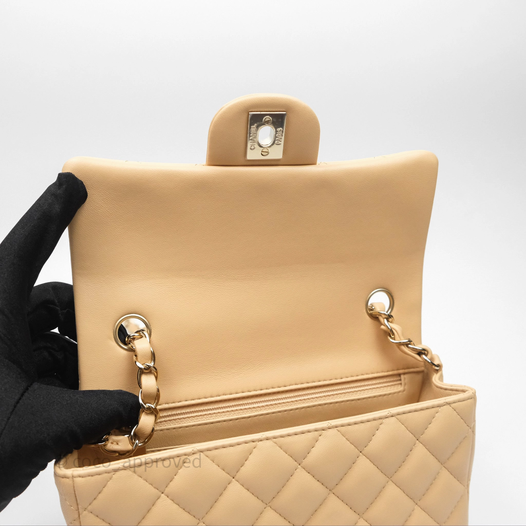 Chanel Mini Rectangular Quilted Beige Lambskin Gold Hardware