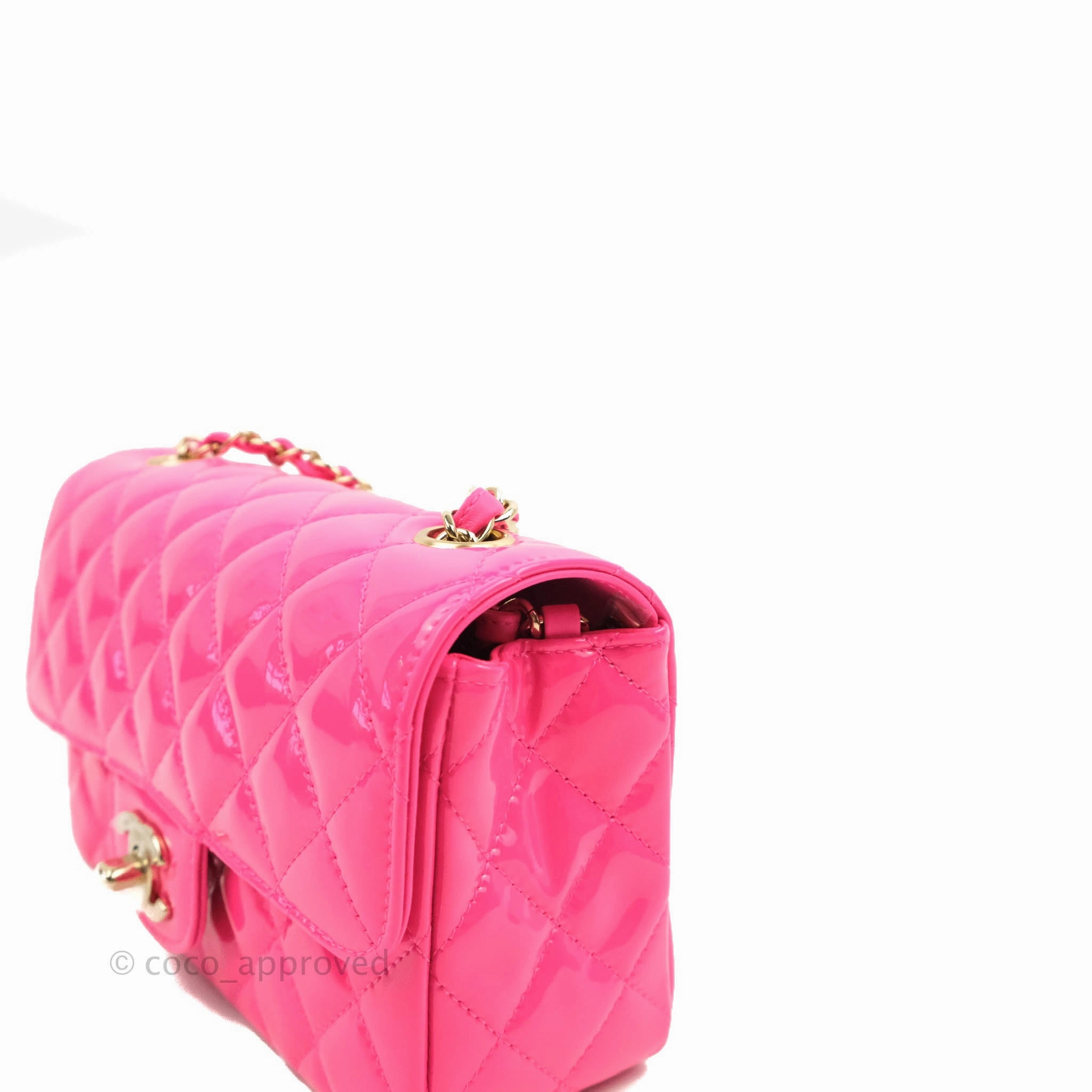Chanel Mini Rectangular Quilted Neon Pink Patent Gold Hardware