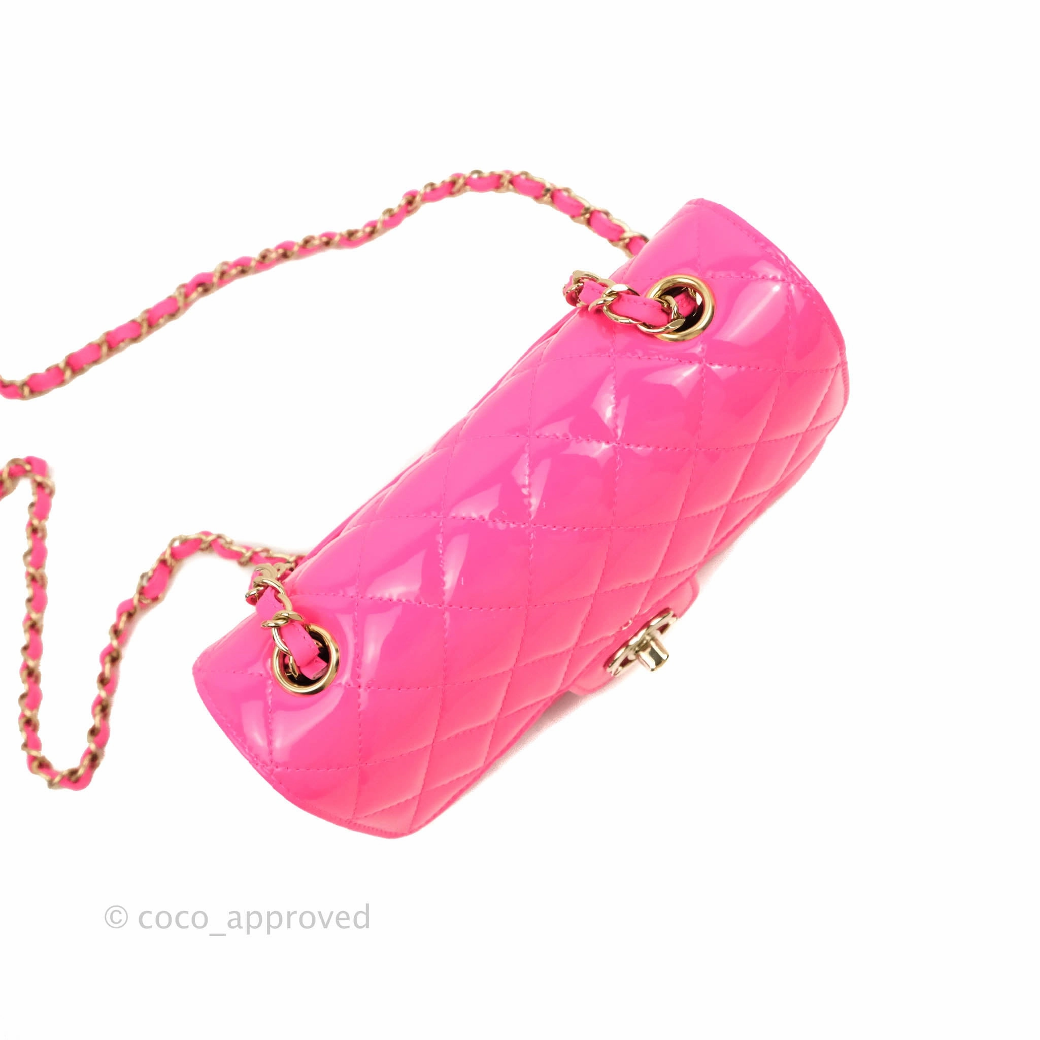 Chanel Mini Rectangular Quilted Neon Pink Patent Gold Hardware