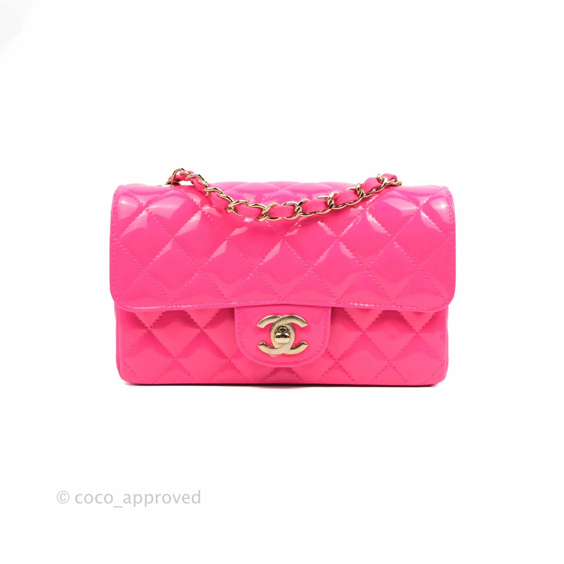 Chanel Mini Rectangular Quilted Neon Pink Patent Gold Hardware