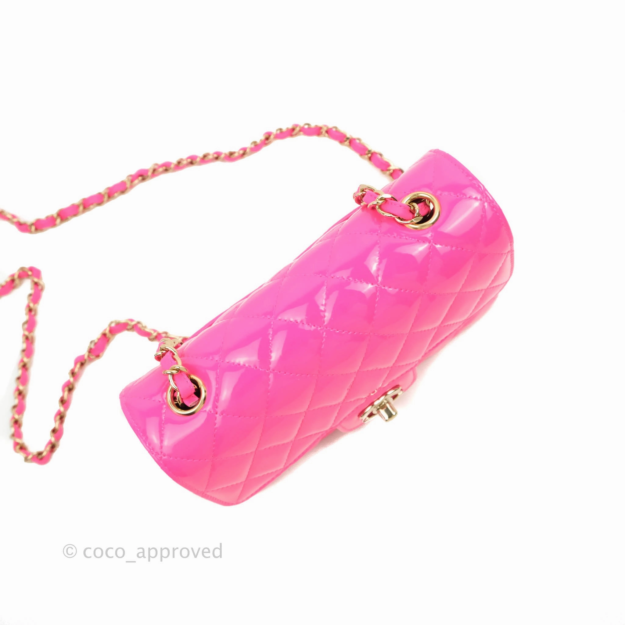 Chanel Mini Rectangular Quilted Neon Pink Patent Gold Hardware