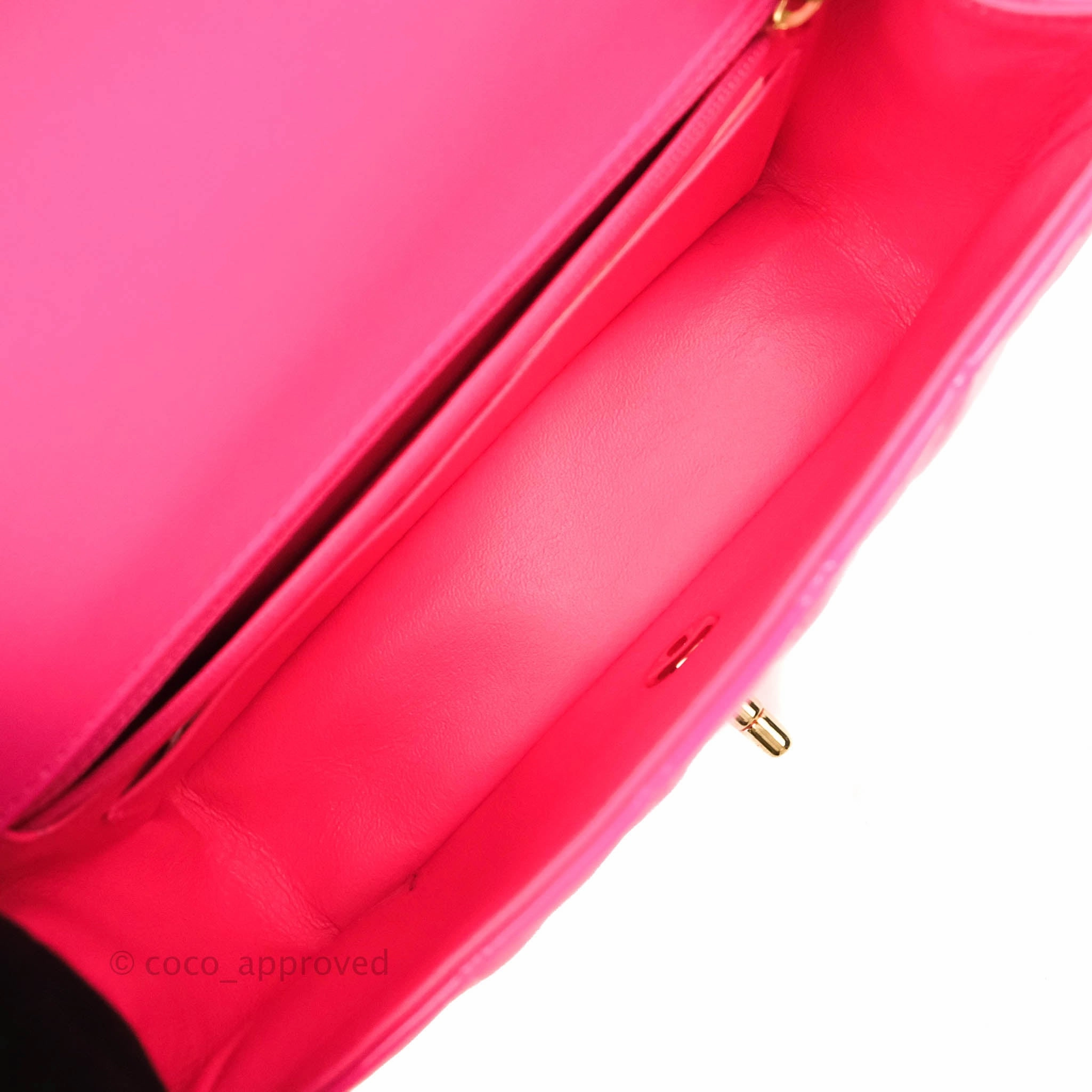 Chanel Mini Rectangular Quilted Neon Pink Patent Gold Hardware