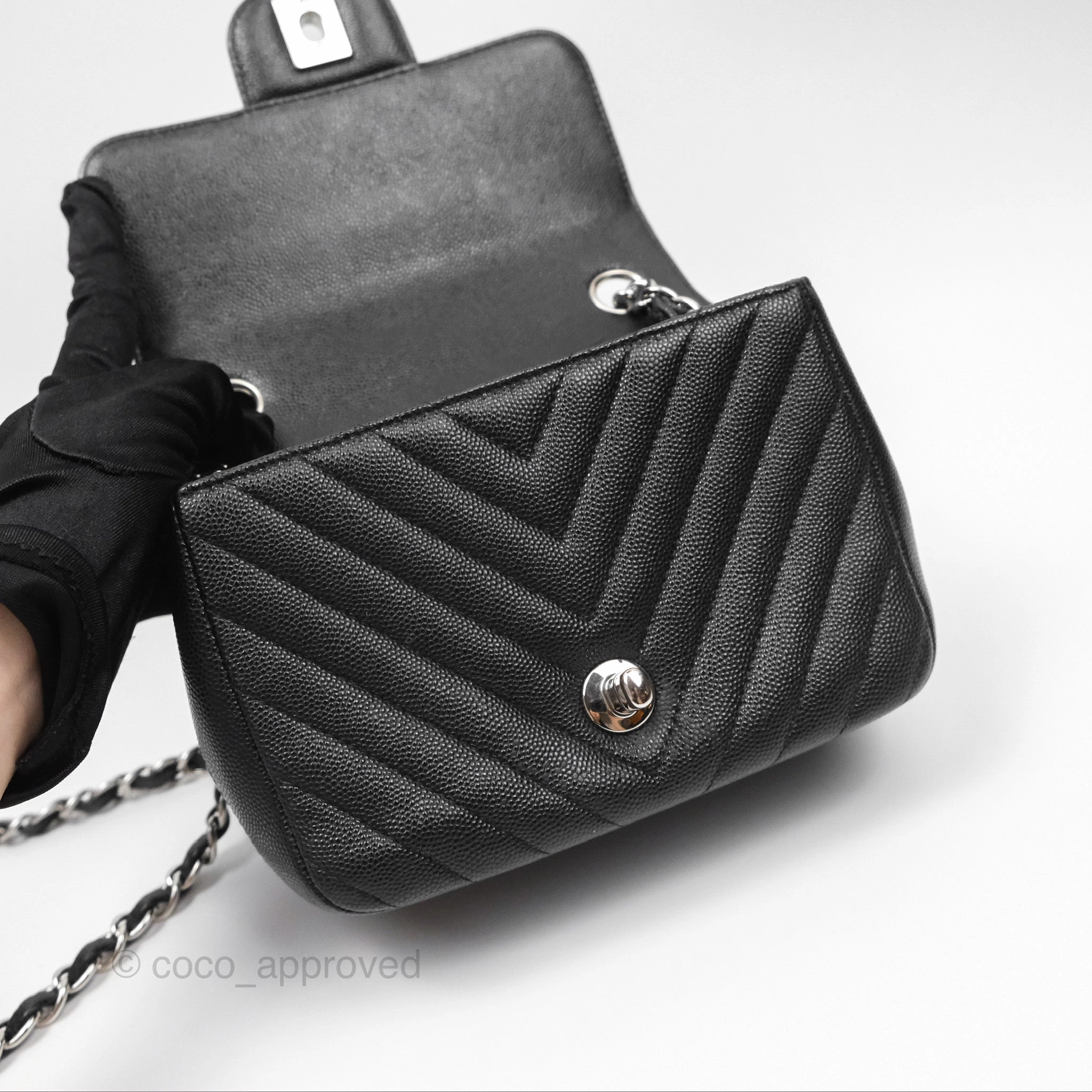 Chanel Mini Square Chevron Black Caviar Silver Hardware