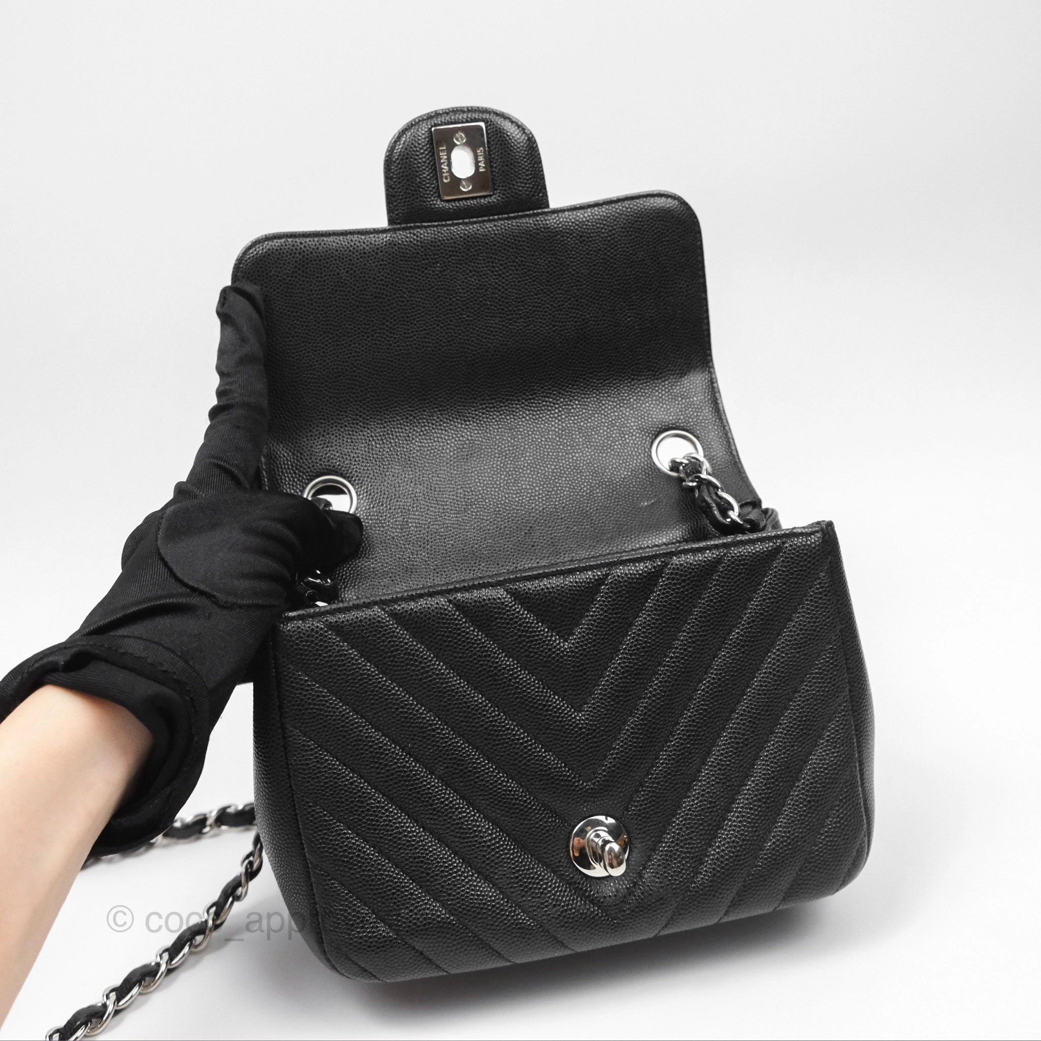 Chanel Mini Square Chevron Black Caviar Silver Hardware